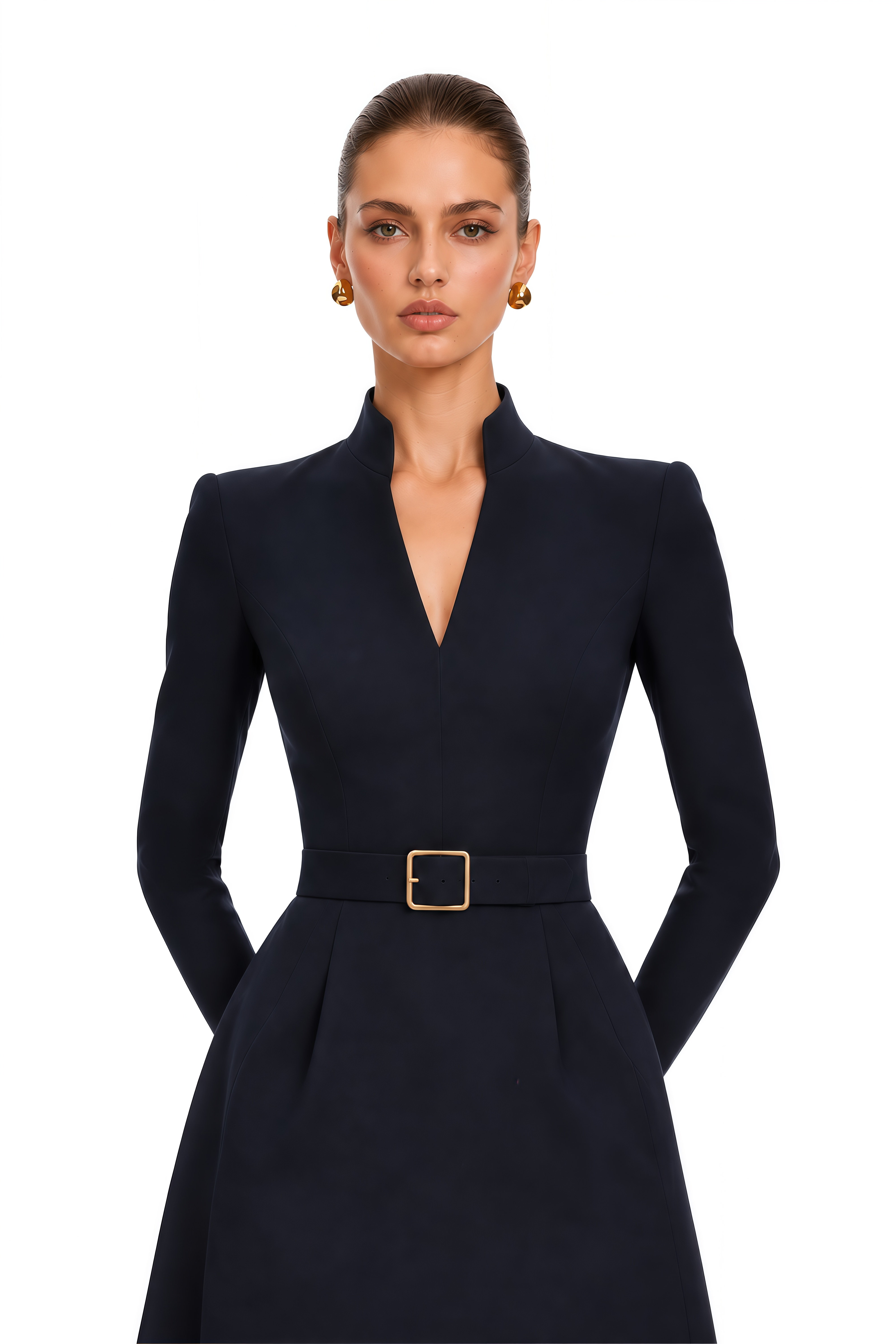 Odette Black Belted Stand Collar Midi Dress