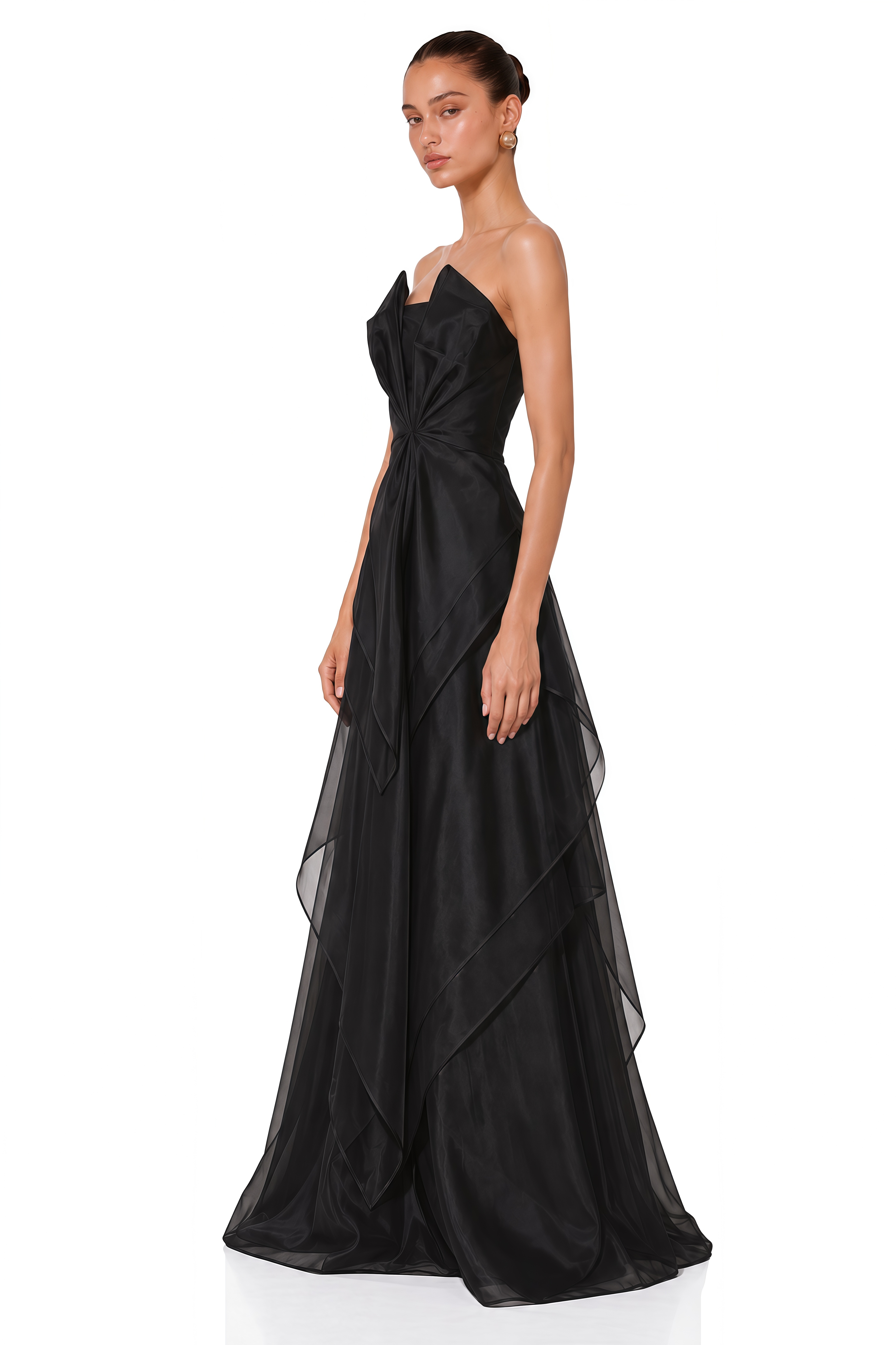 Odette Black Strapless Draped Organza Maxi Dress