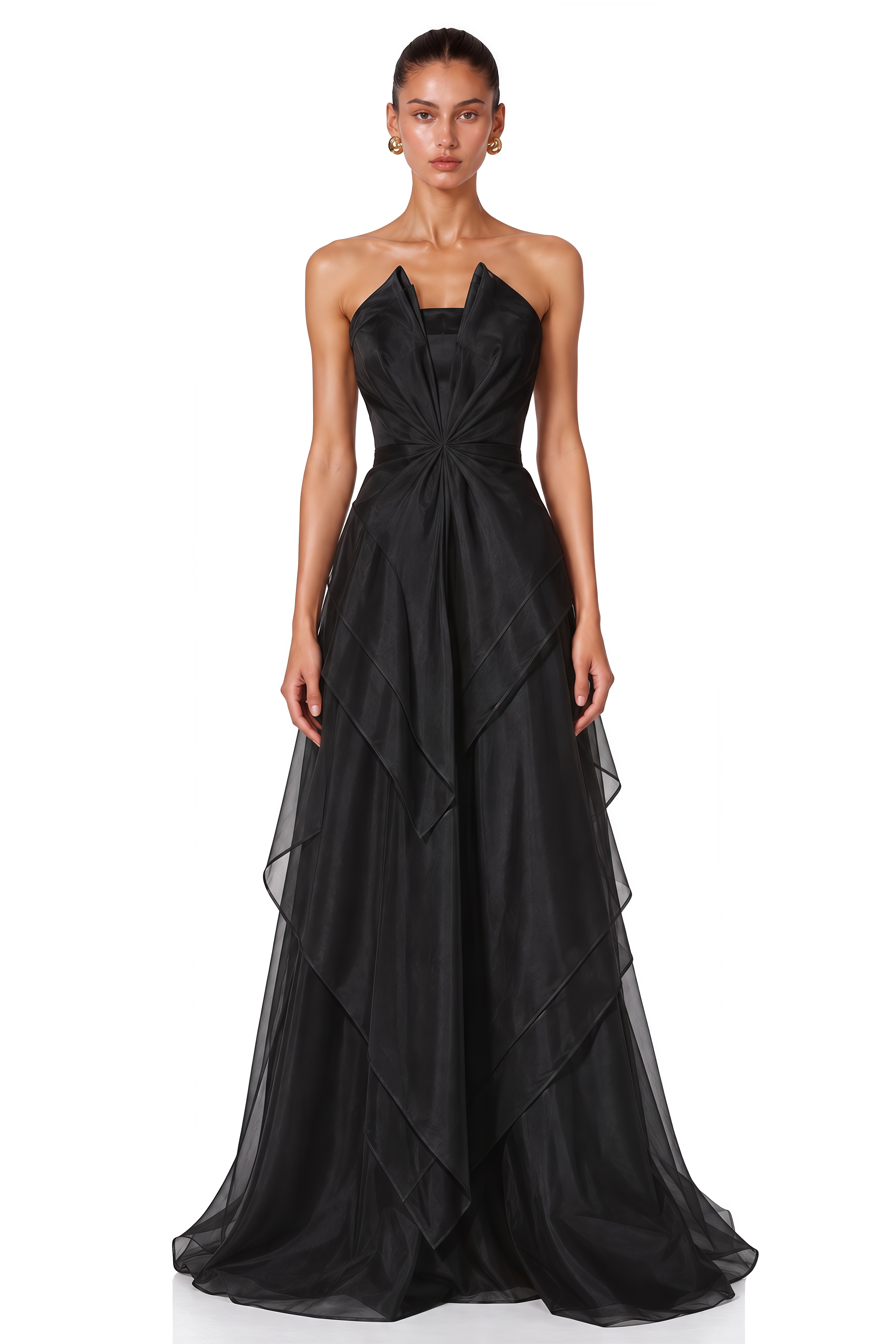 Odette Black Strapless Draped Organza Maxi Dress