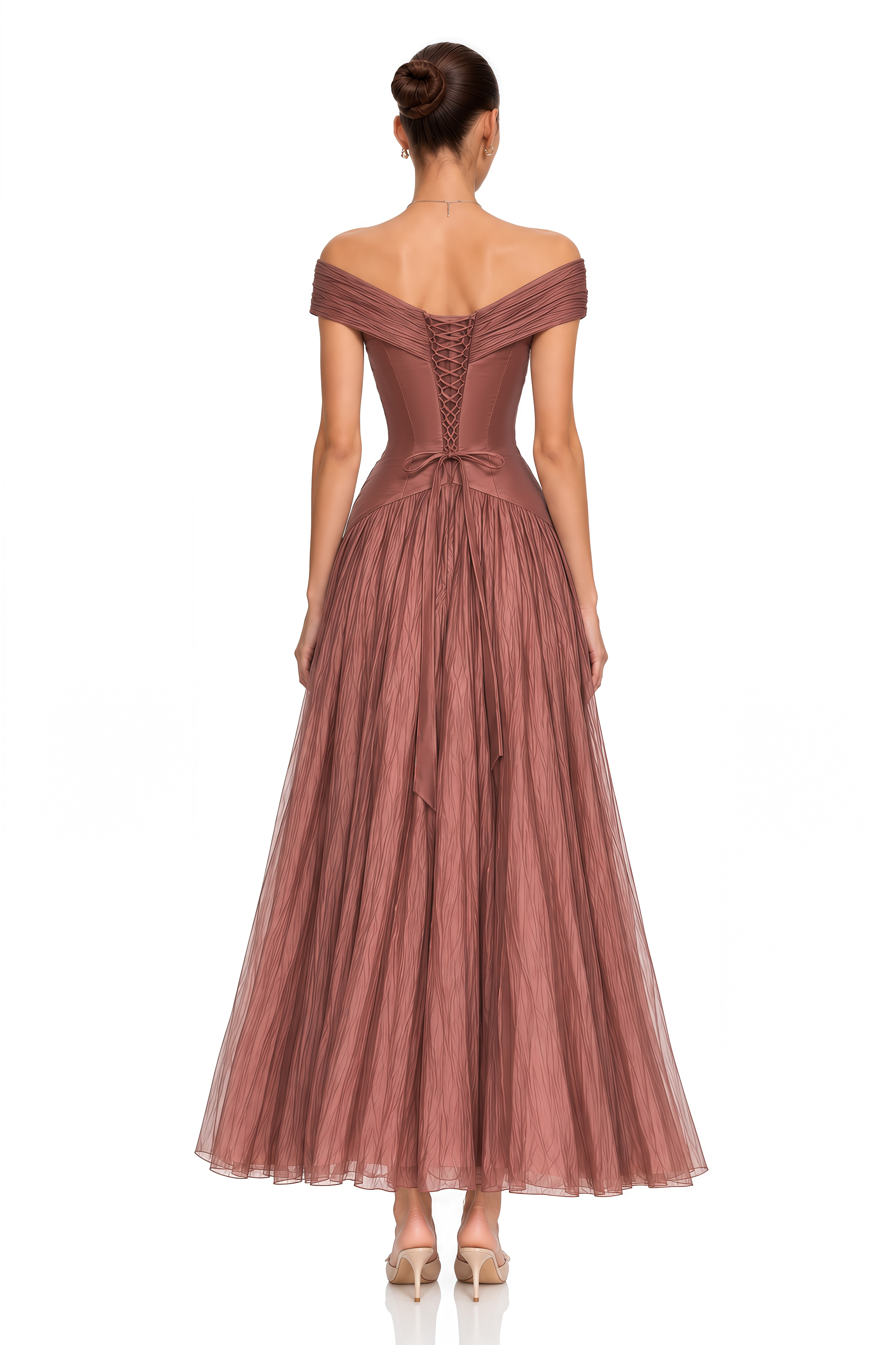 Odette Rose Brown Off-Shoulder Pleated Maxi Dress