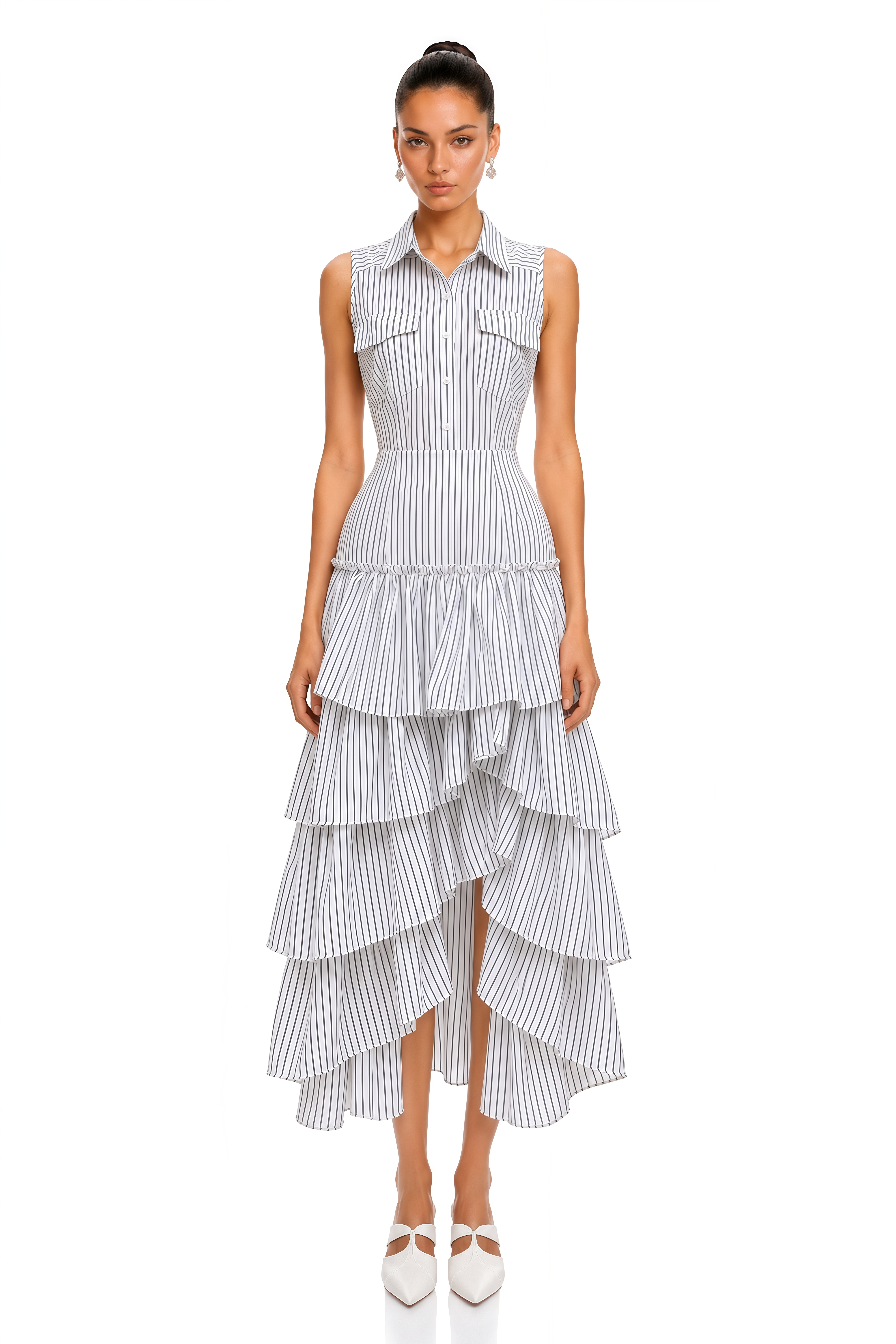 Odette White Striped Sleeveless Shirt & Tiered Midi Skirt Set