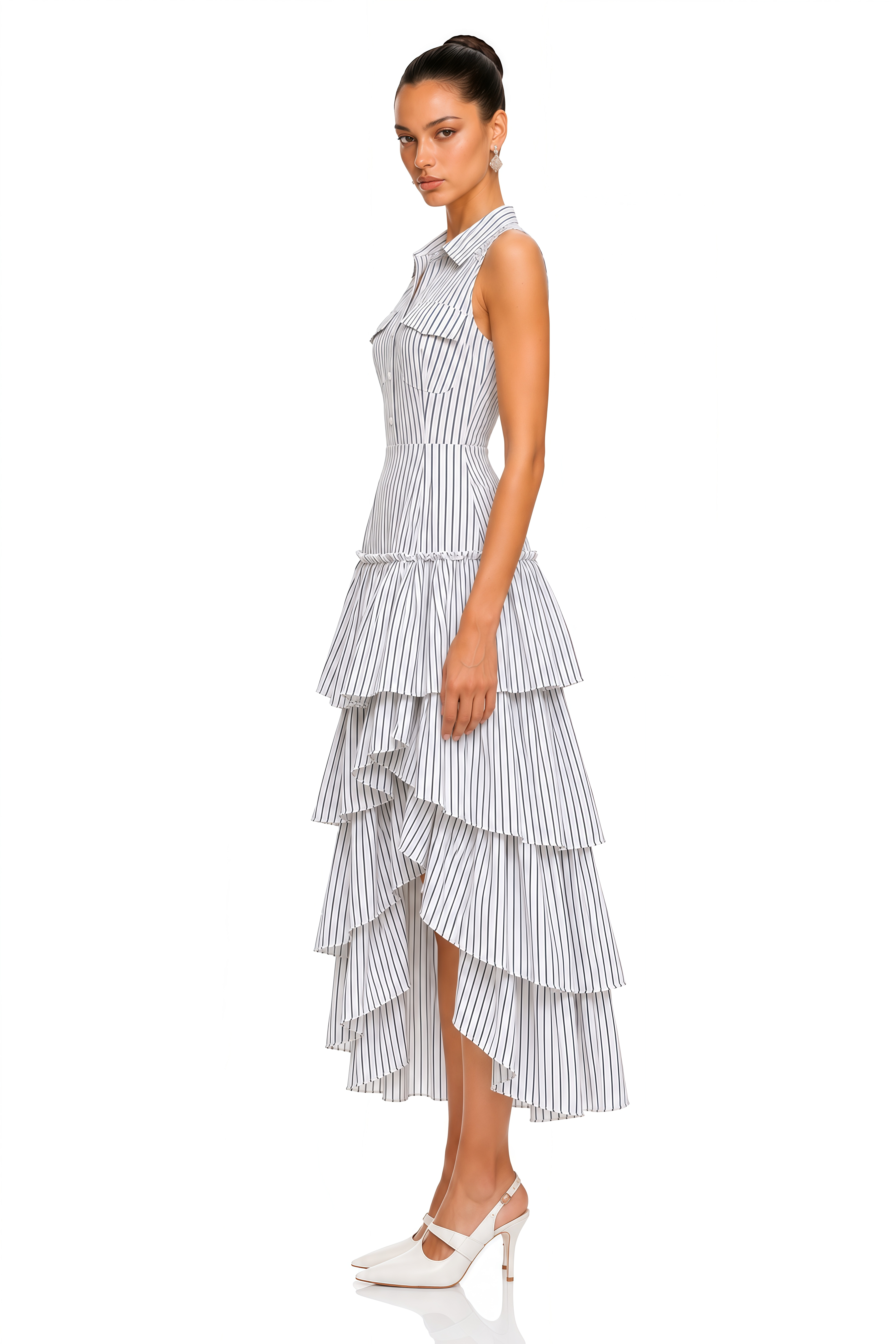 Odette White Striped Sleeveless Shirt & Tiered Midi Skirt Set