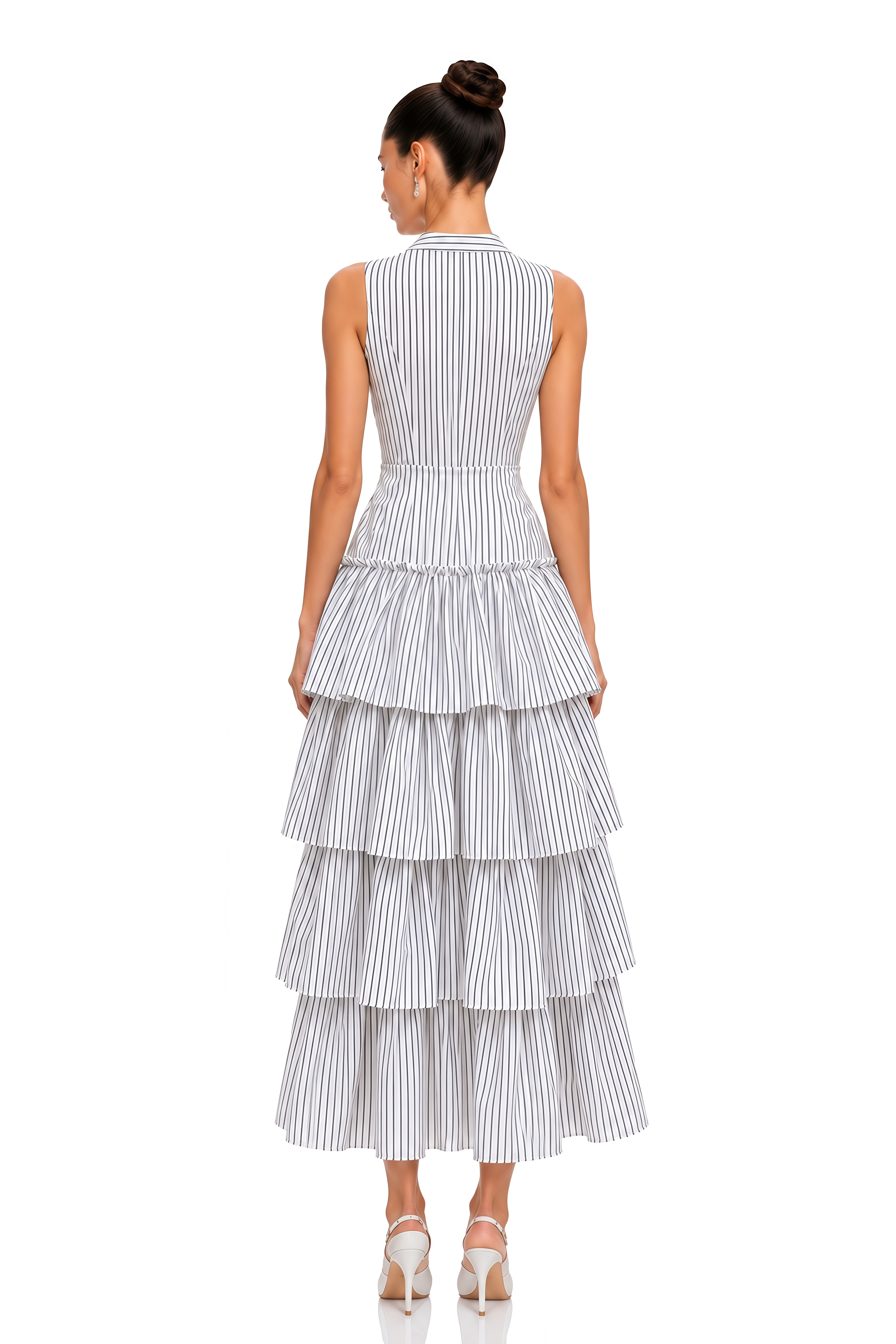 Odette White Striped Sleeveless Shirt & Tiered Midi Skirt Set