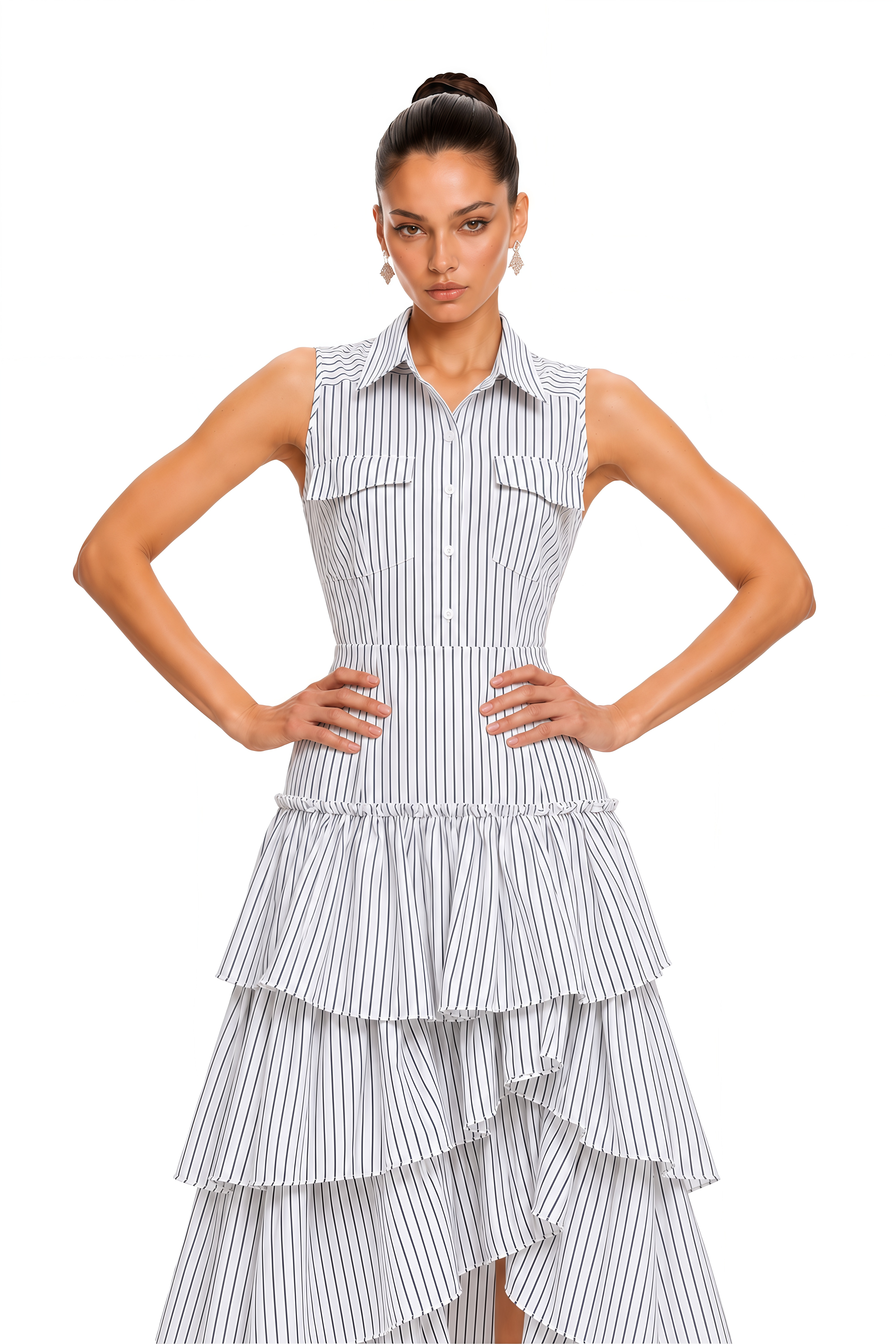 Odette White Striped Sleeveless Shirt & Tiered Midi Skirt Set