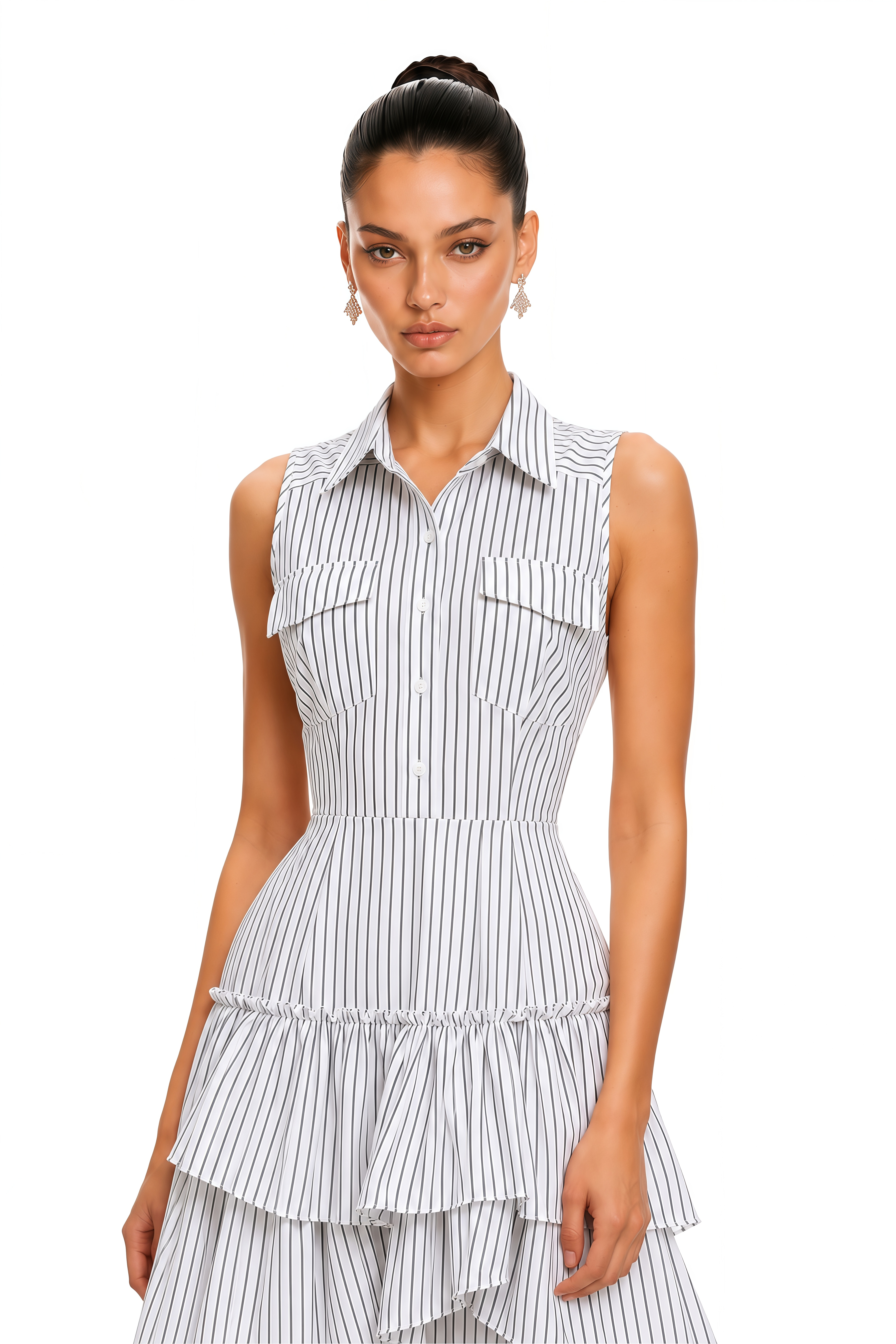Odette White Striped Sleeveless Shirt & Tiered Midi Skirt Set