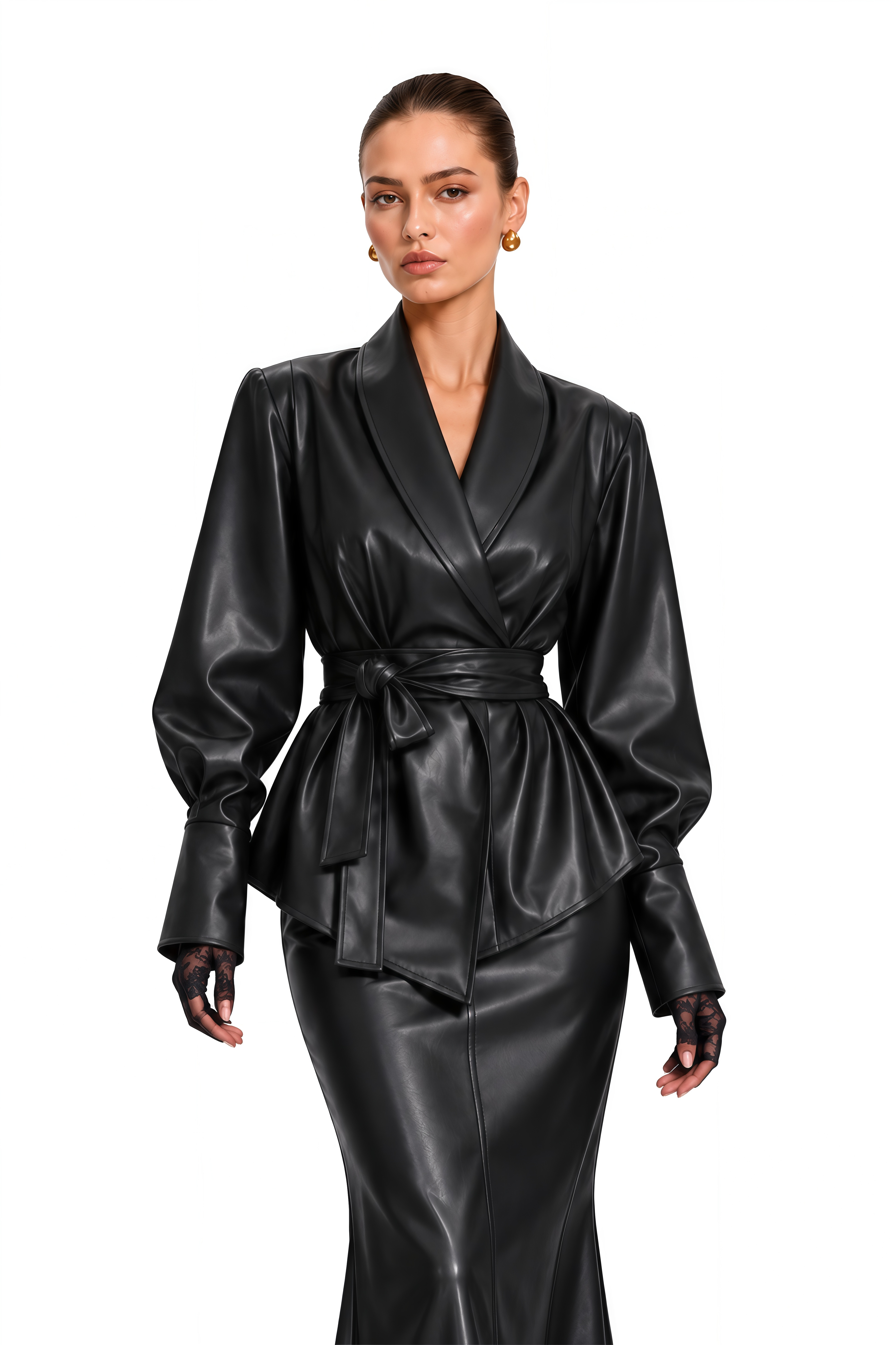 Odilia Black Leather Belted Jacket & Mermaid Maxi Skirt Set