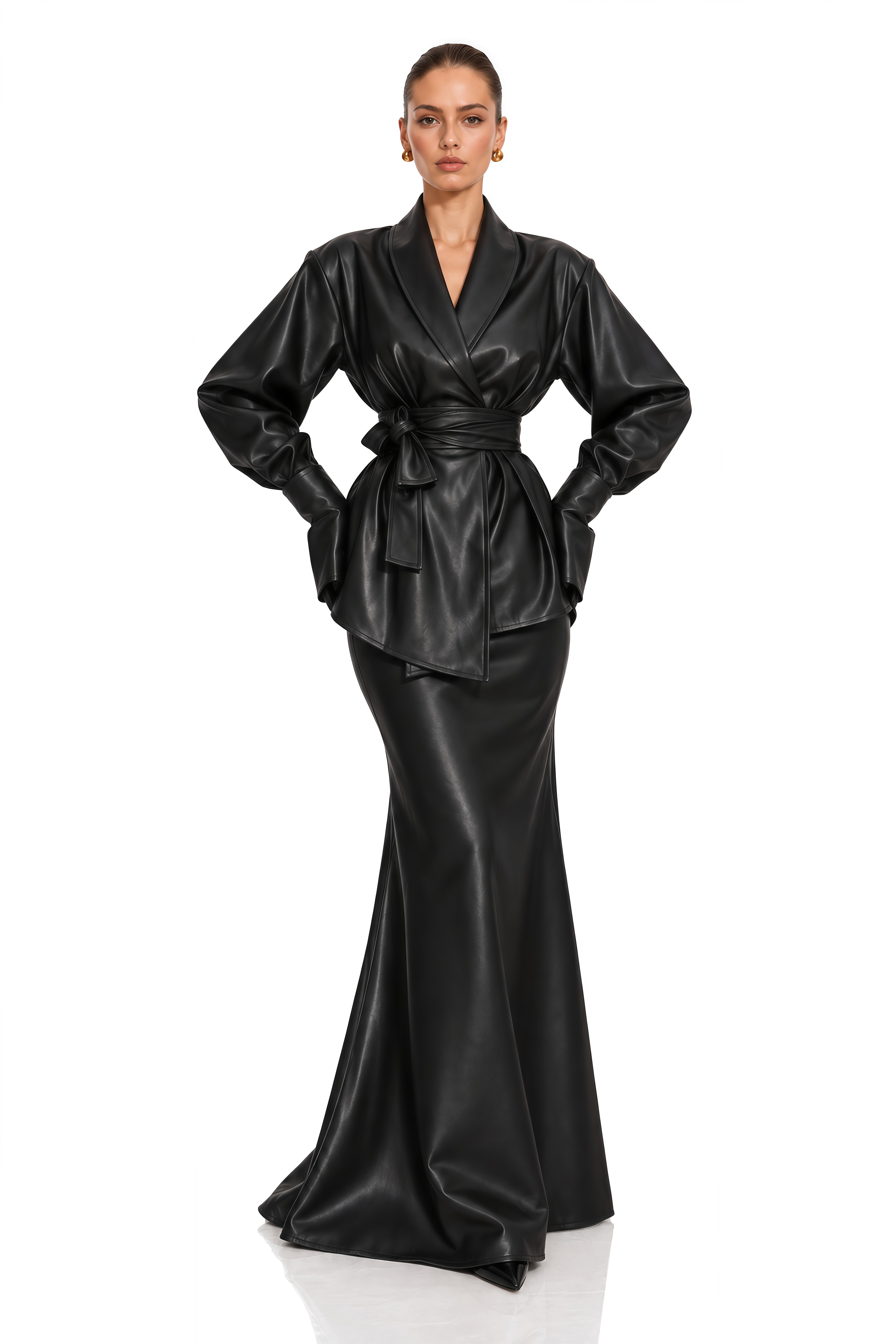 Odilia Black Leather Belted Jacket & Mermaid Maxi Skirt Set