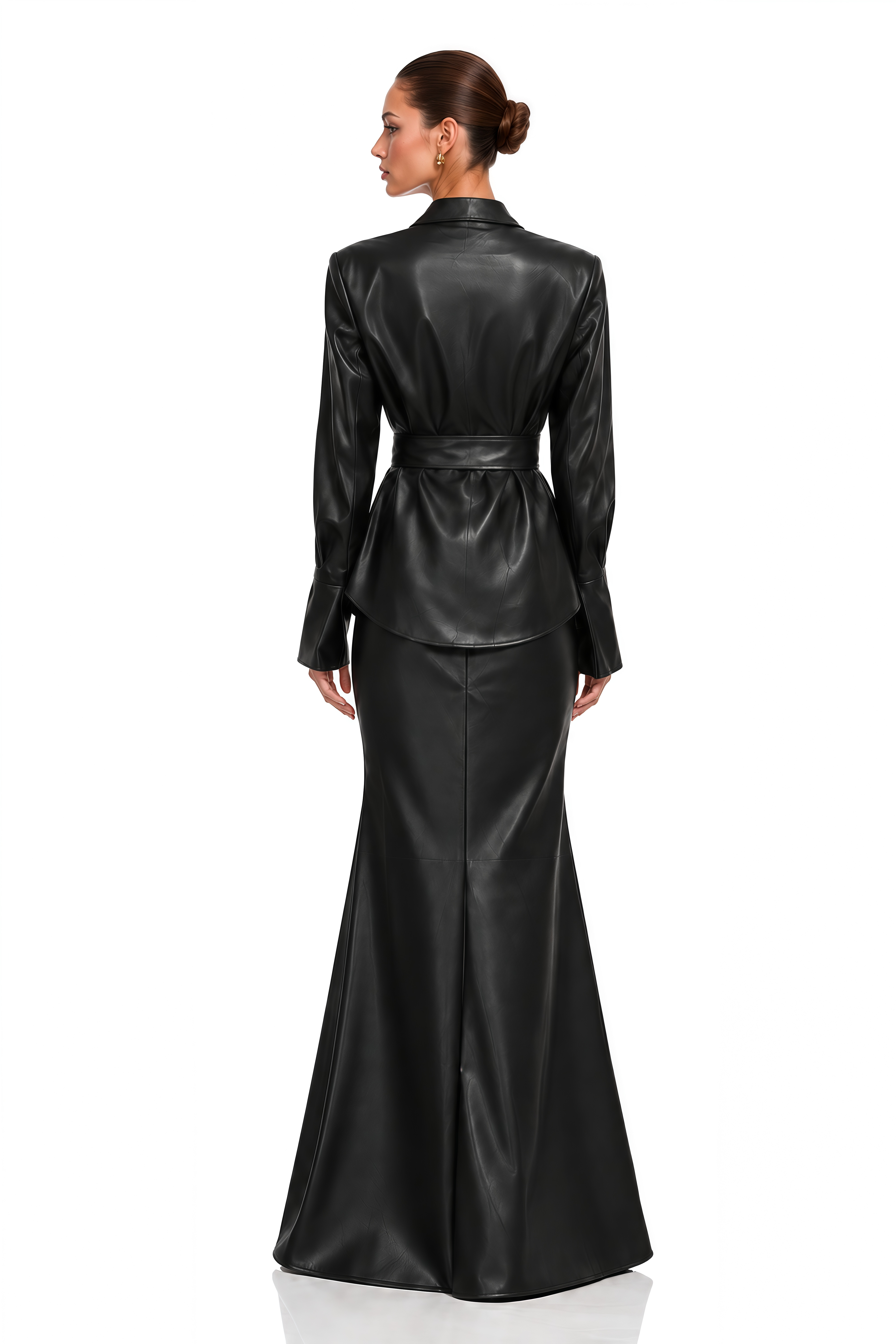 Odilia Black Leather Belted Jacket & Mermaid Maxi Skirt Set