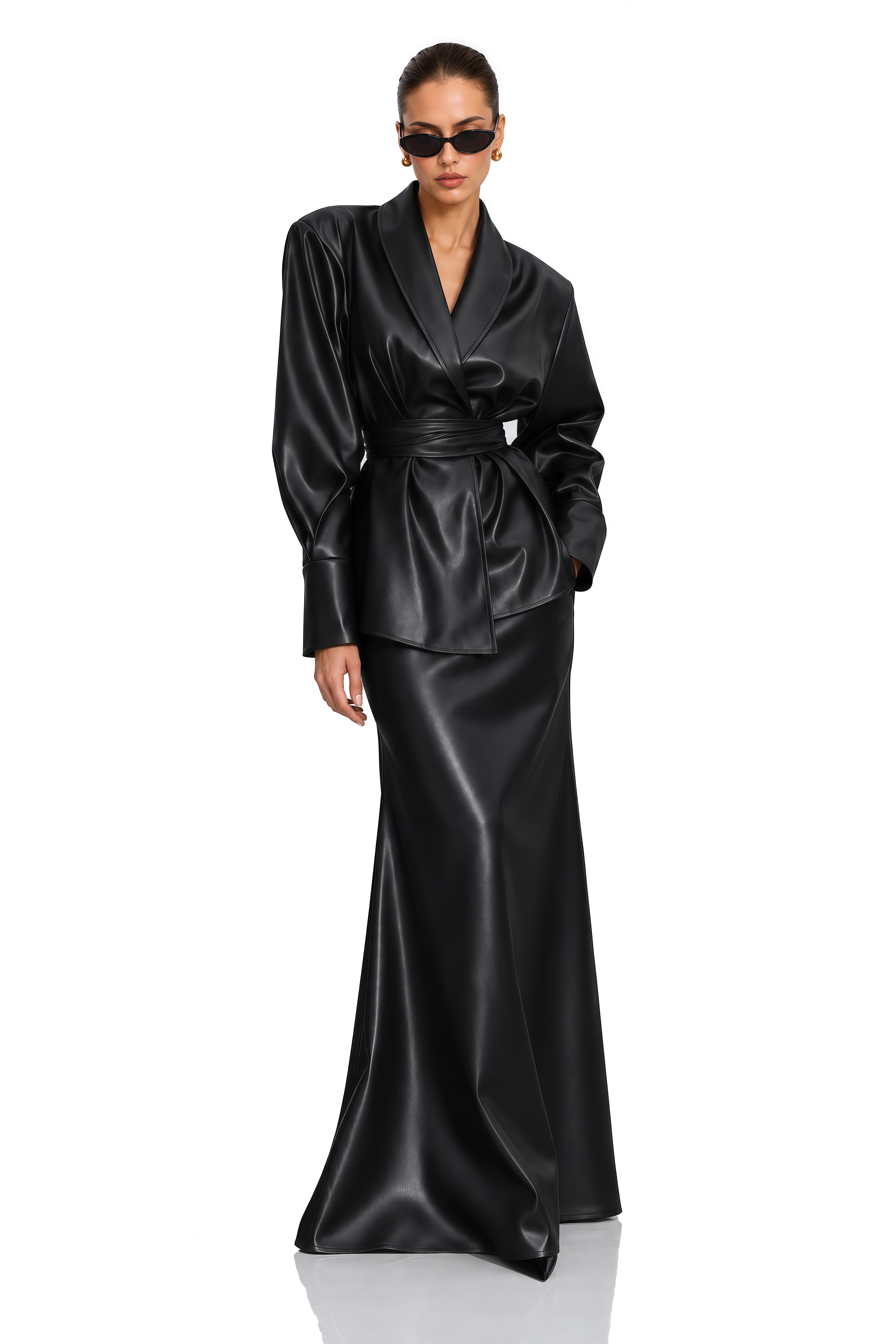 Odilia Black Leather Belted Jacket & Mermaid Maxi Skirt Set