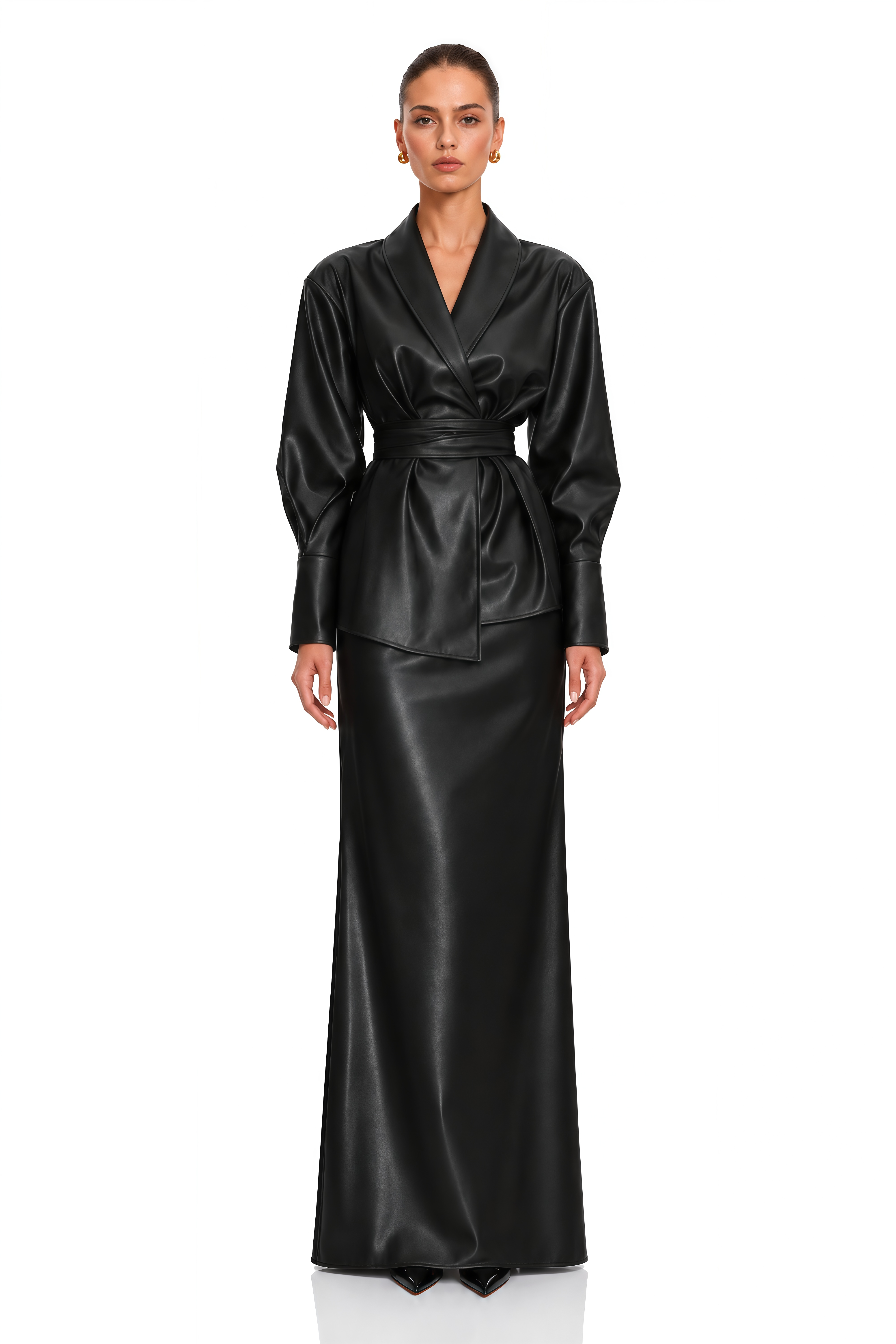 Odilia Black Leather Belted Jacket & Mermaid Maxi Skirt Set
