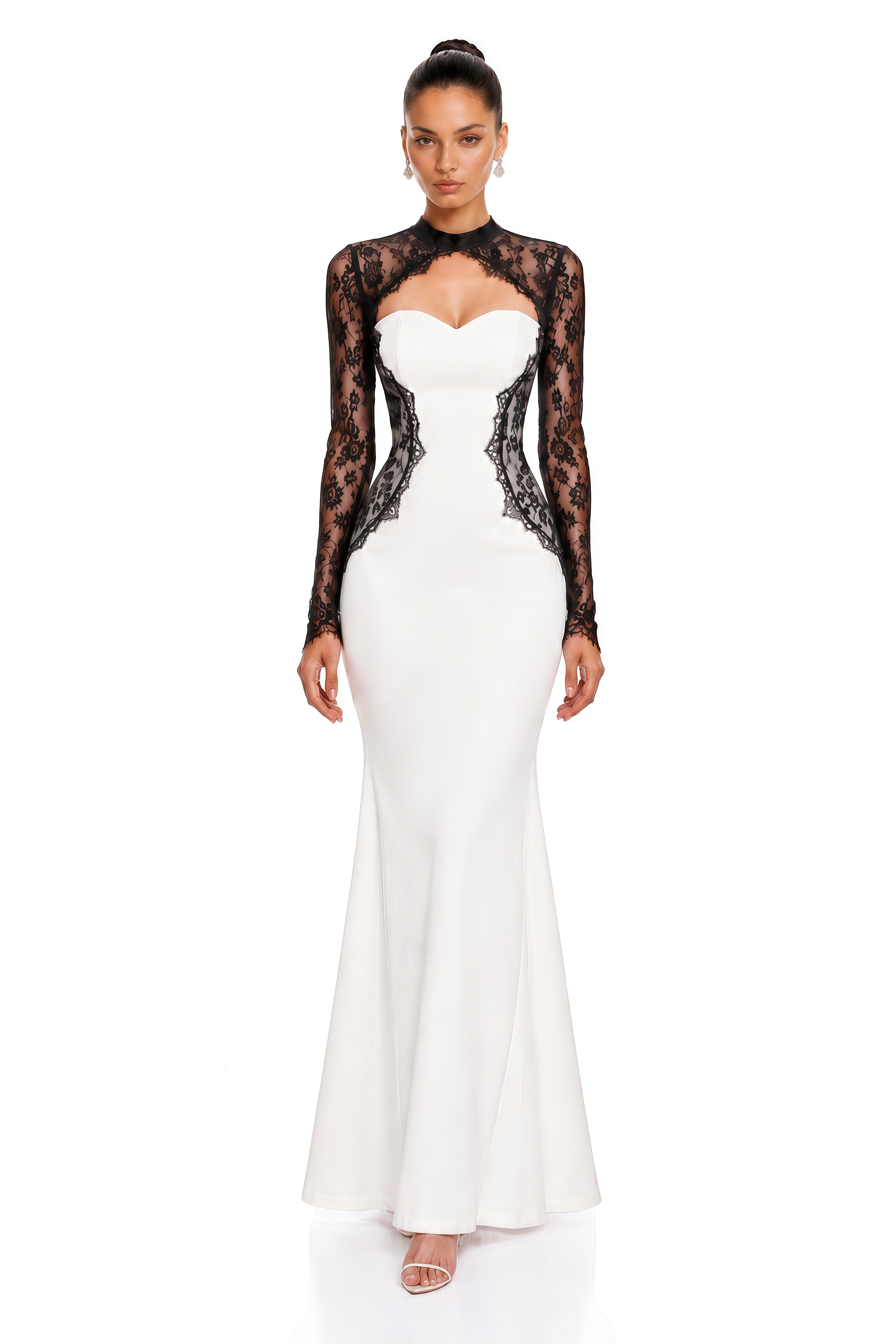 Olinda White Lace Panel Long Sleeve Maxi Dress