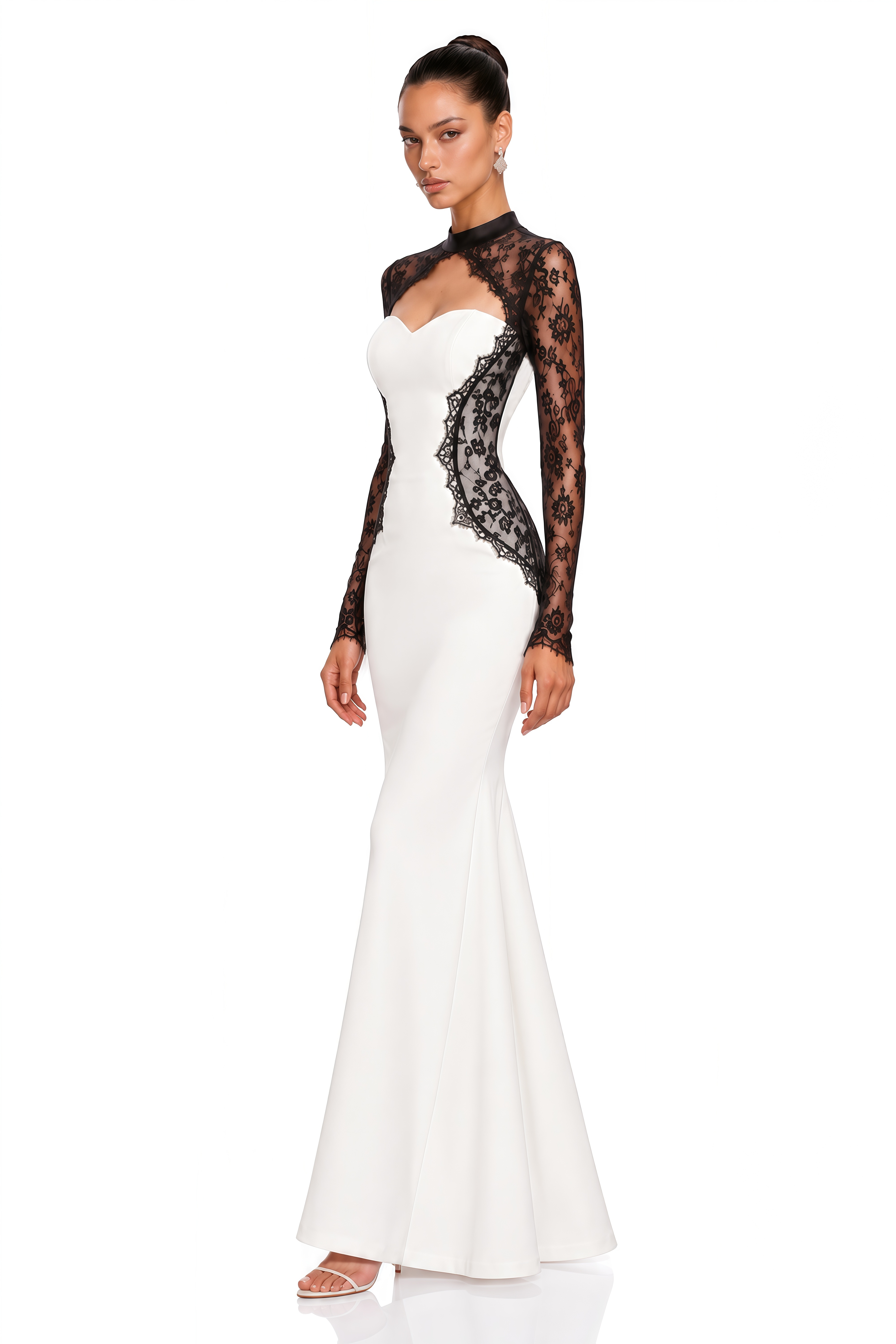 Olinda White Lace Panel Long Sleeve Maxi Dress