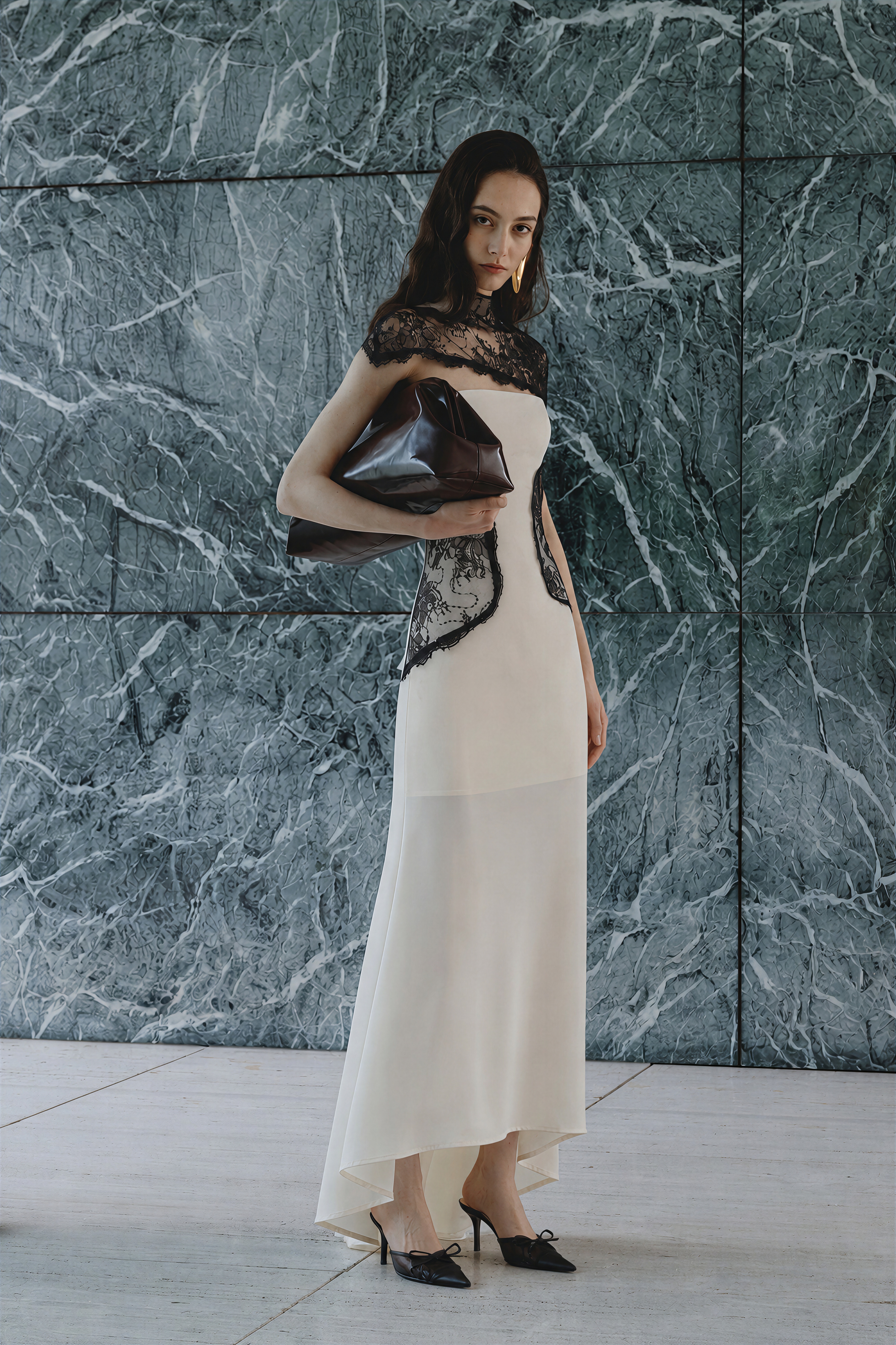 Olinda White Lace Panel Maxi Dress with Cape