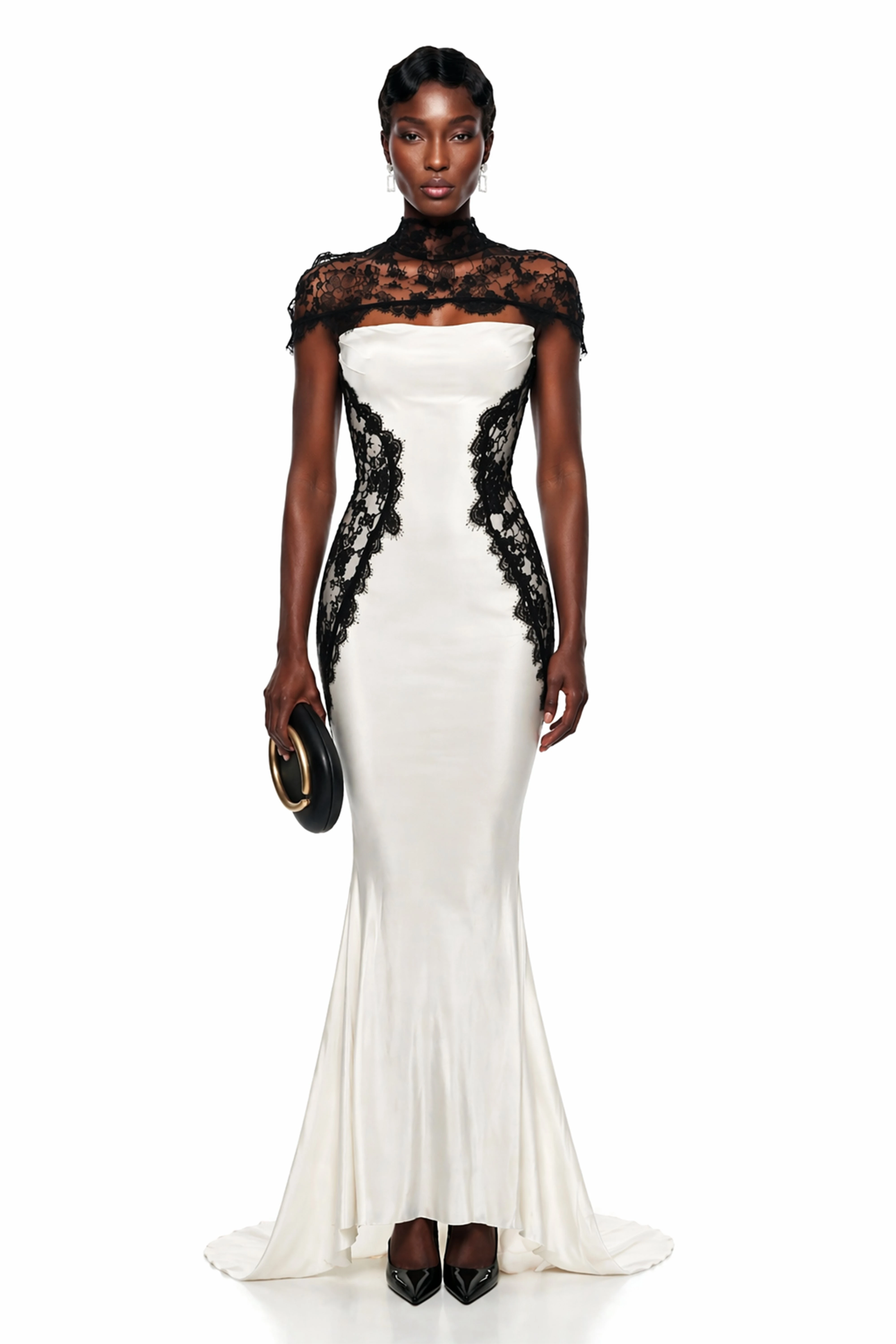 White satin mermaid gown with black lace side panels and a matching lace mock-neck bolero