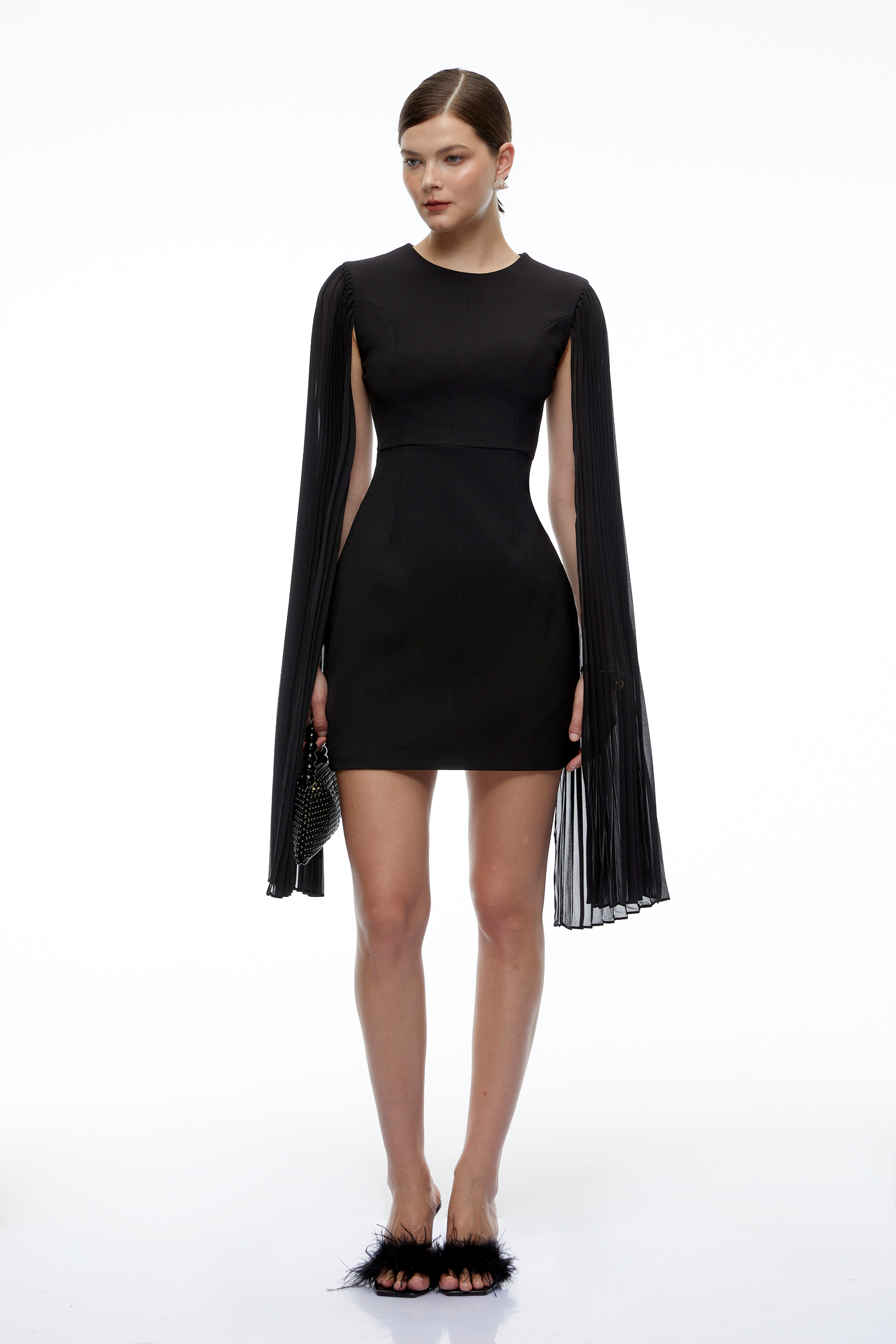 Olivia Black Round Neck Pleated Sleeves Mini Dress