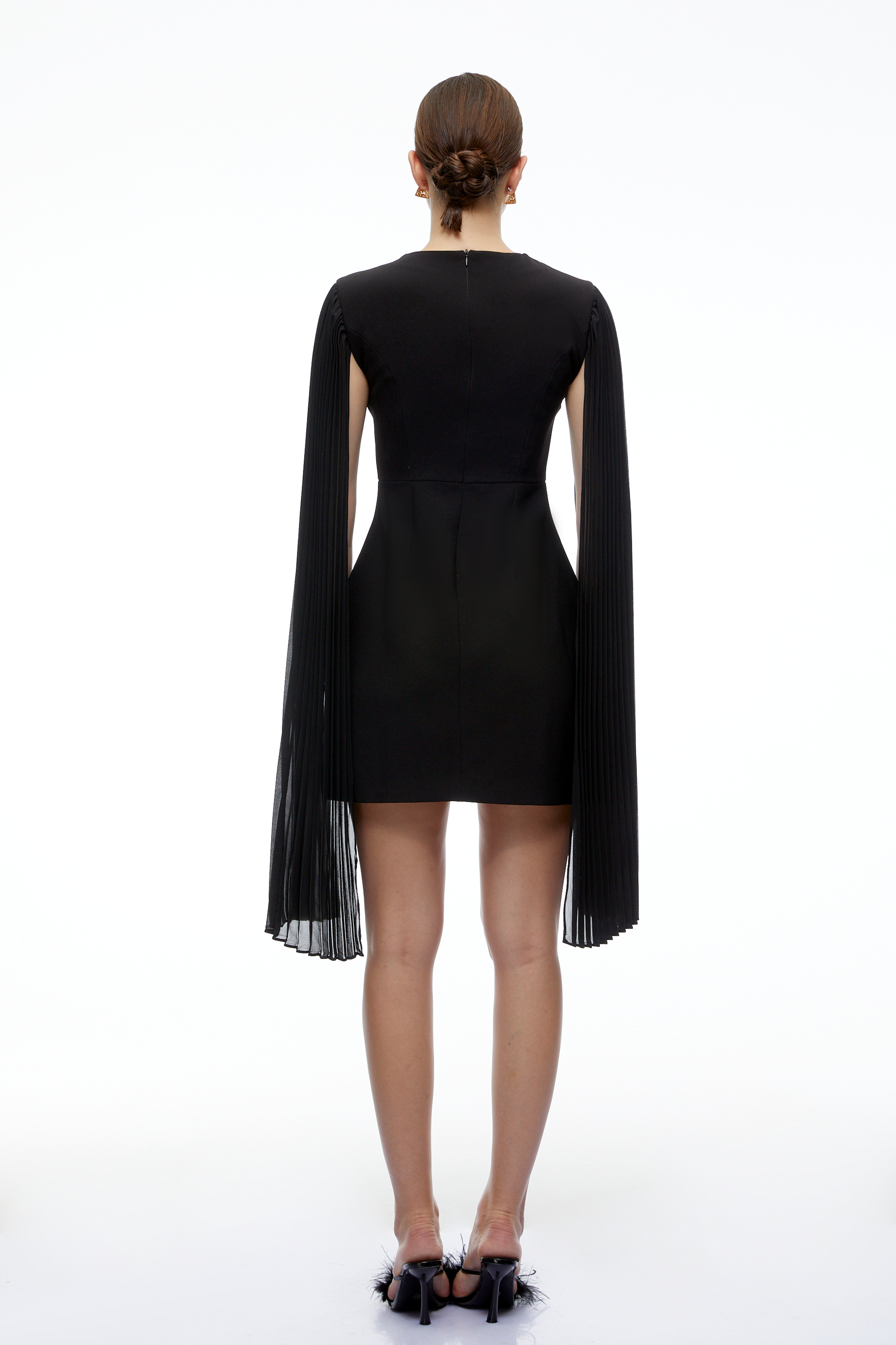 Olivia Black Round Neck Pleated Sleeves Mini Dress