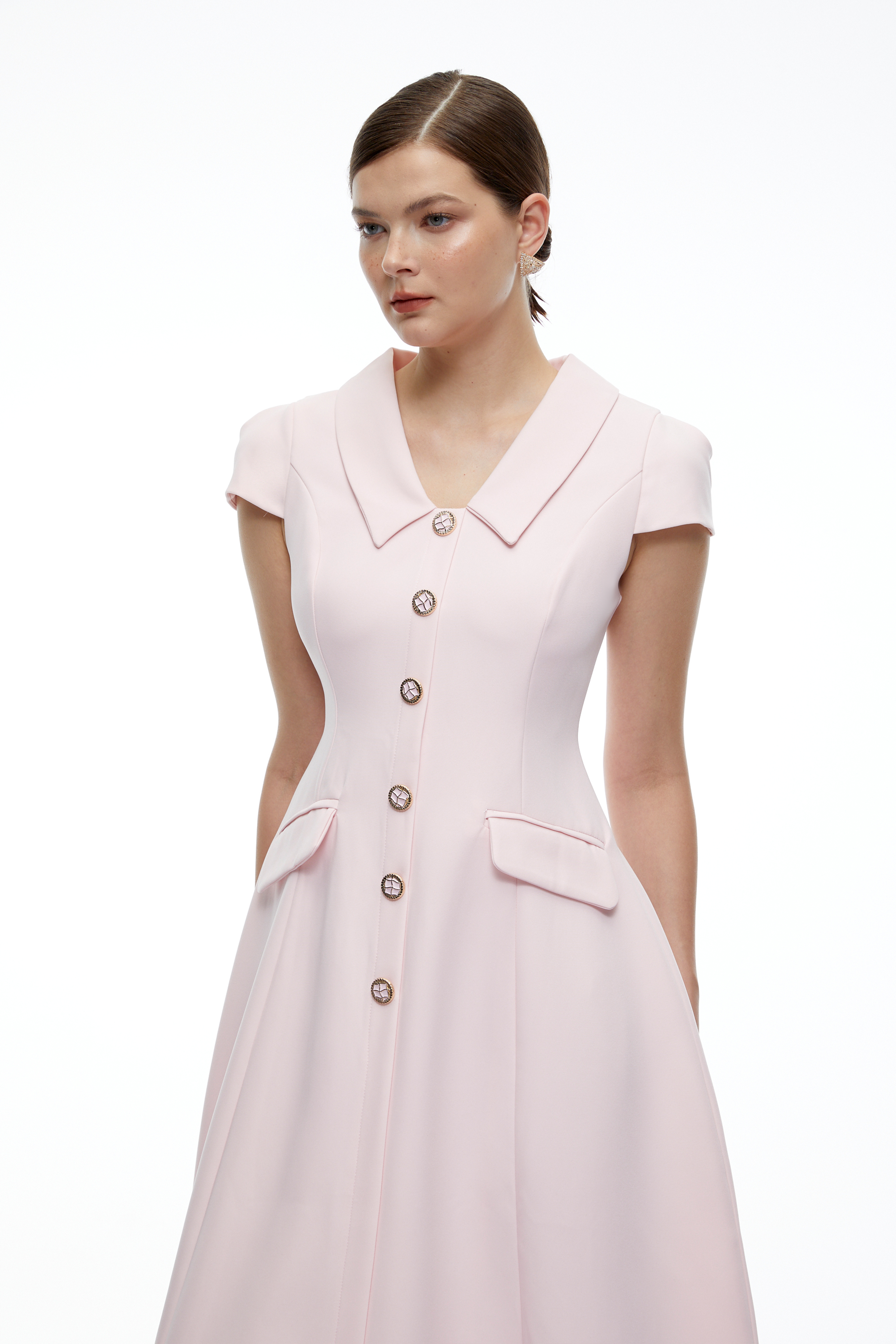 Olivia Pink Collared Button Front A-Line Midi Dress