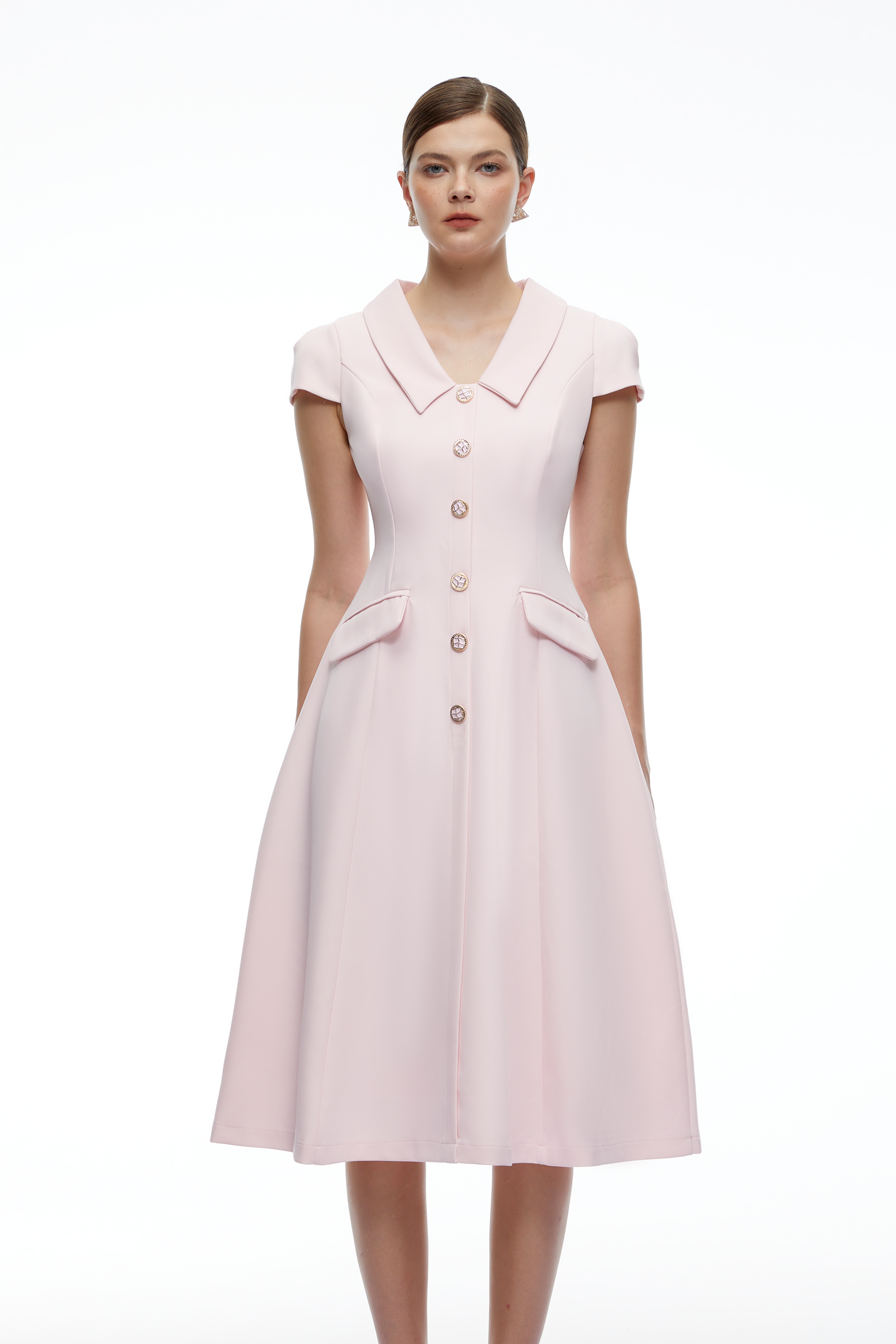 Olivia Pink Collared Button Front A-Line Midi Dress