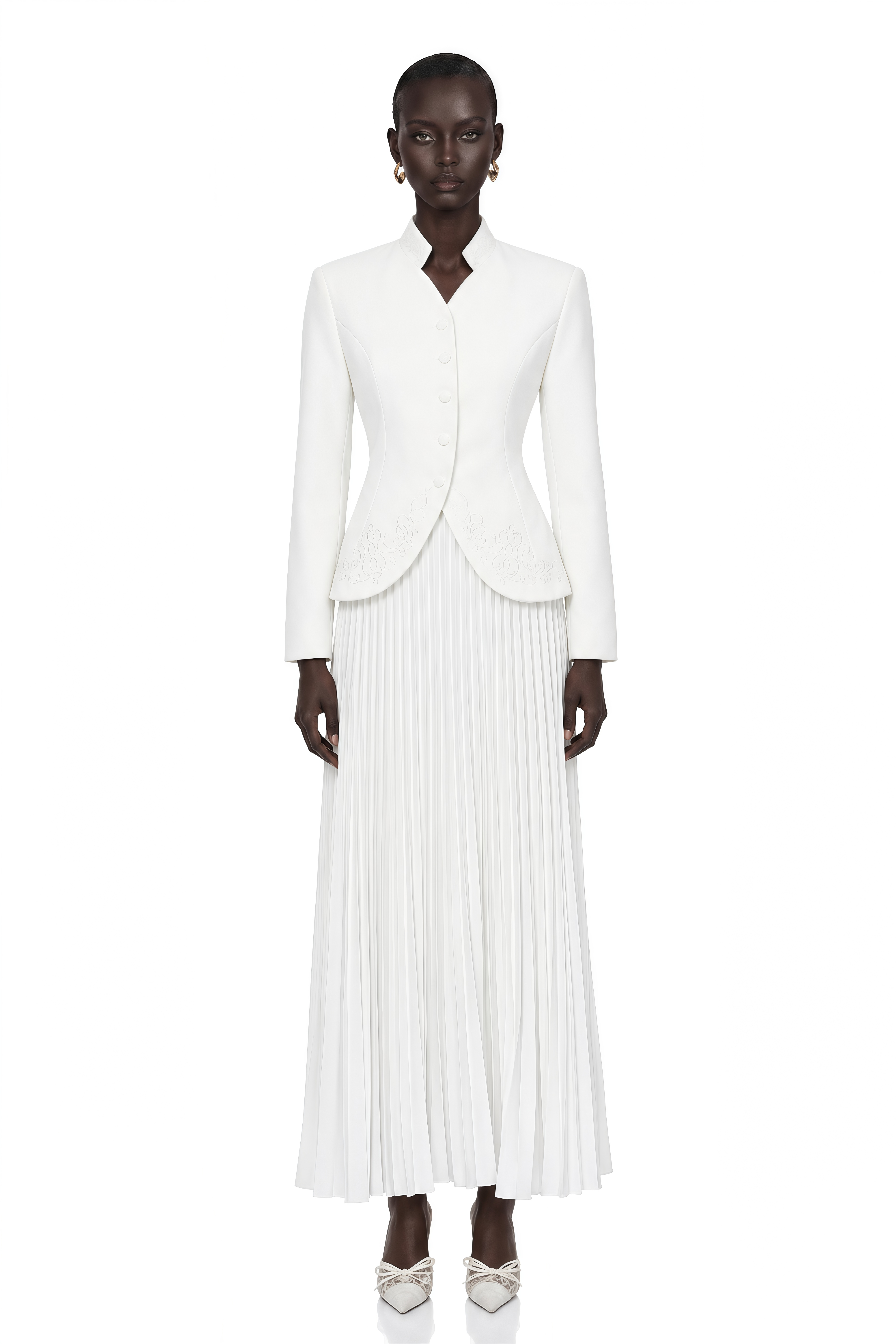Olivia White Floral Embroidered Blazer & Pleated Skirt Set