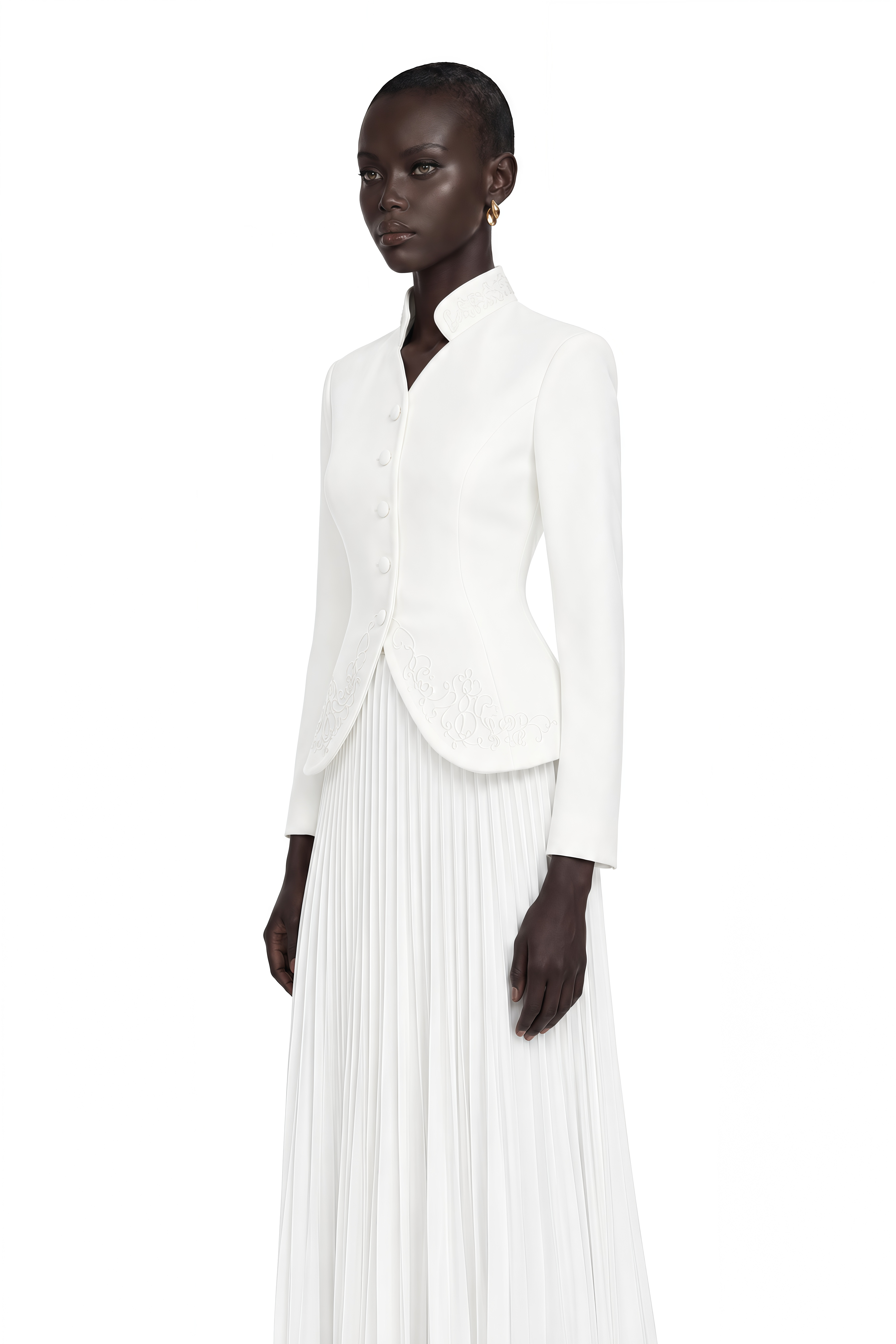 Olivia White Floral Embroidered Blazer & Pleated Skirt Set