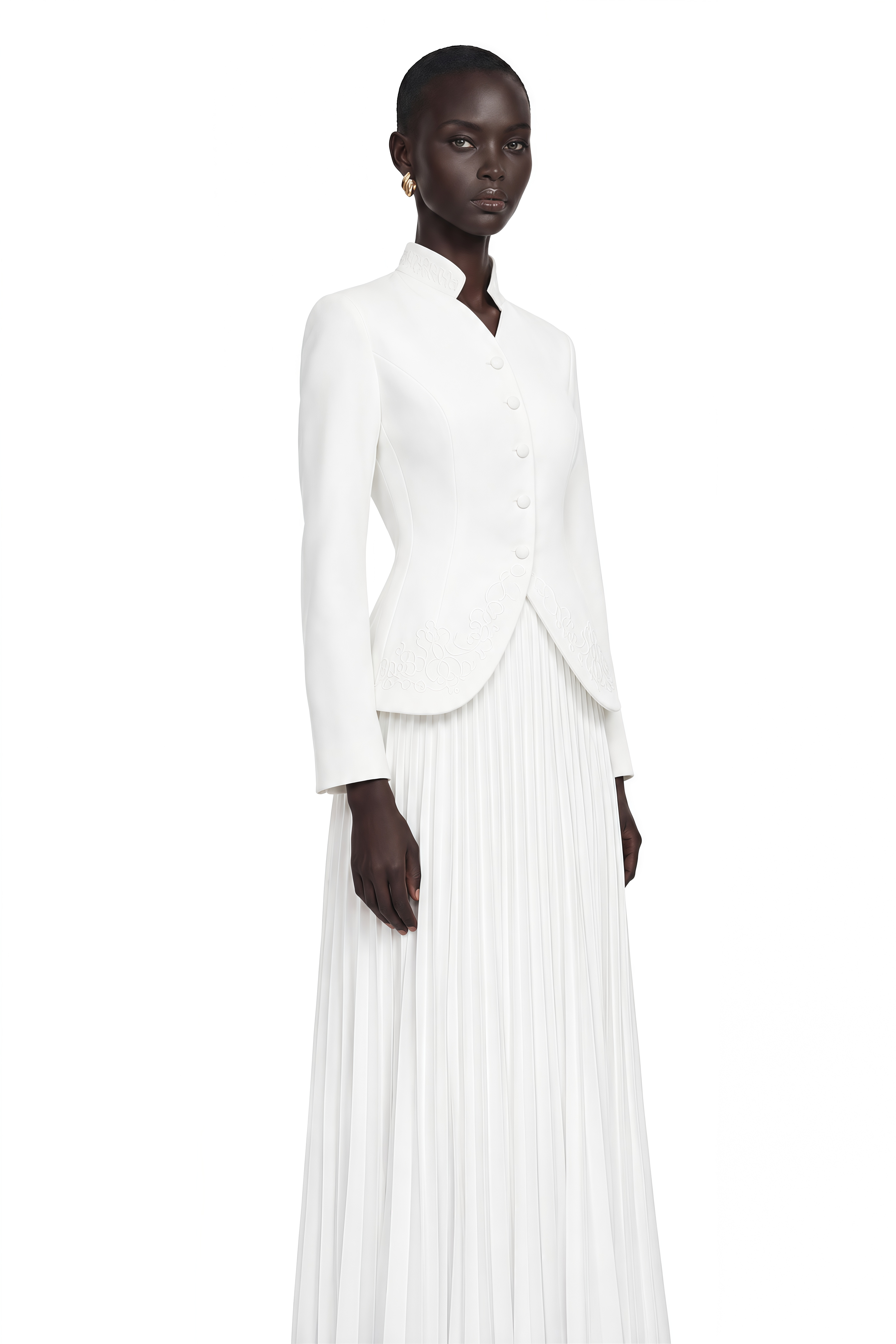 Olivia White Floral Embroidered Blazer & Pleated Skirt Set
