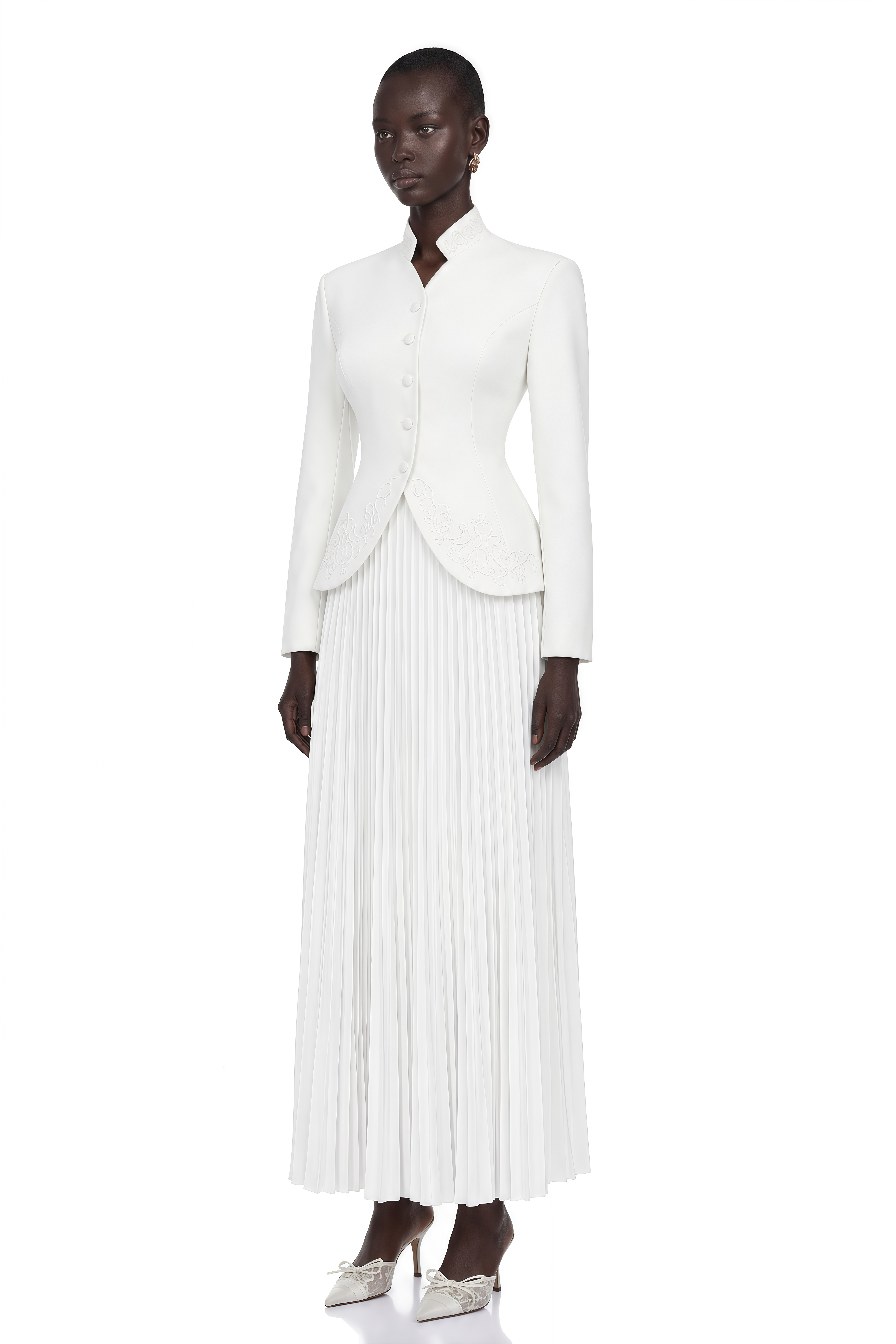 Olivia White Floral Embroidered Blazer & Pleated Skirt Set