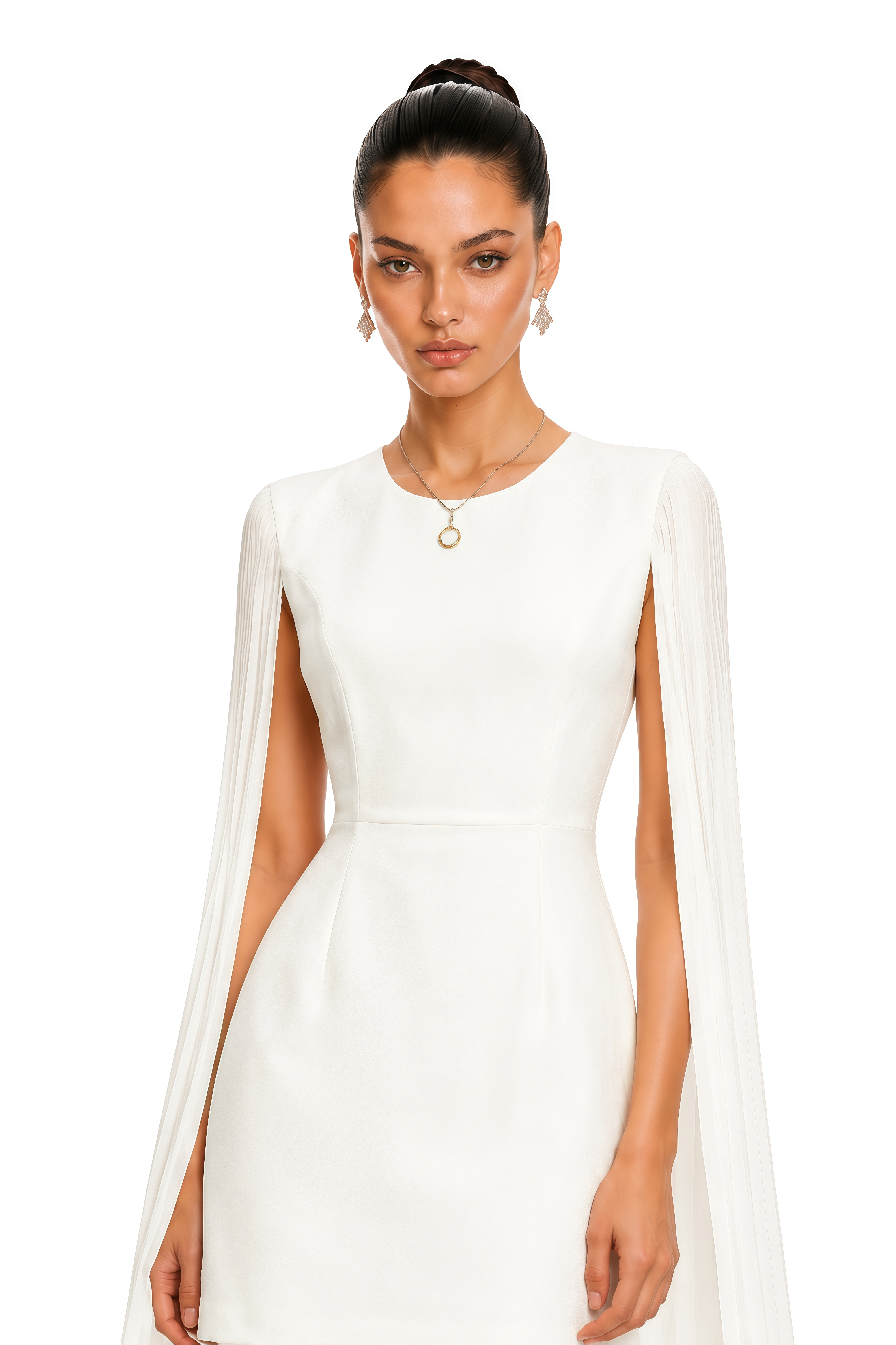 Olivia White Round Neck Pleated Sleeves Mini Dress