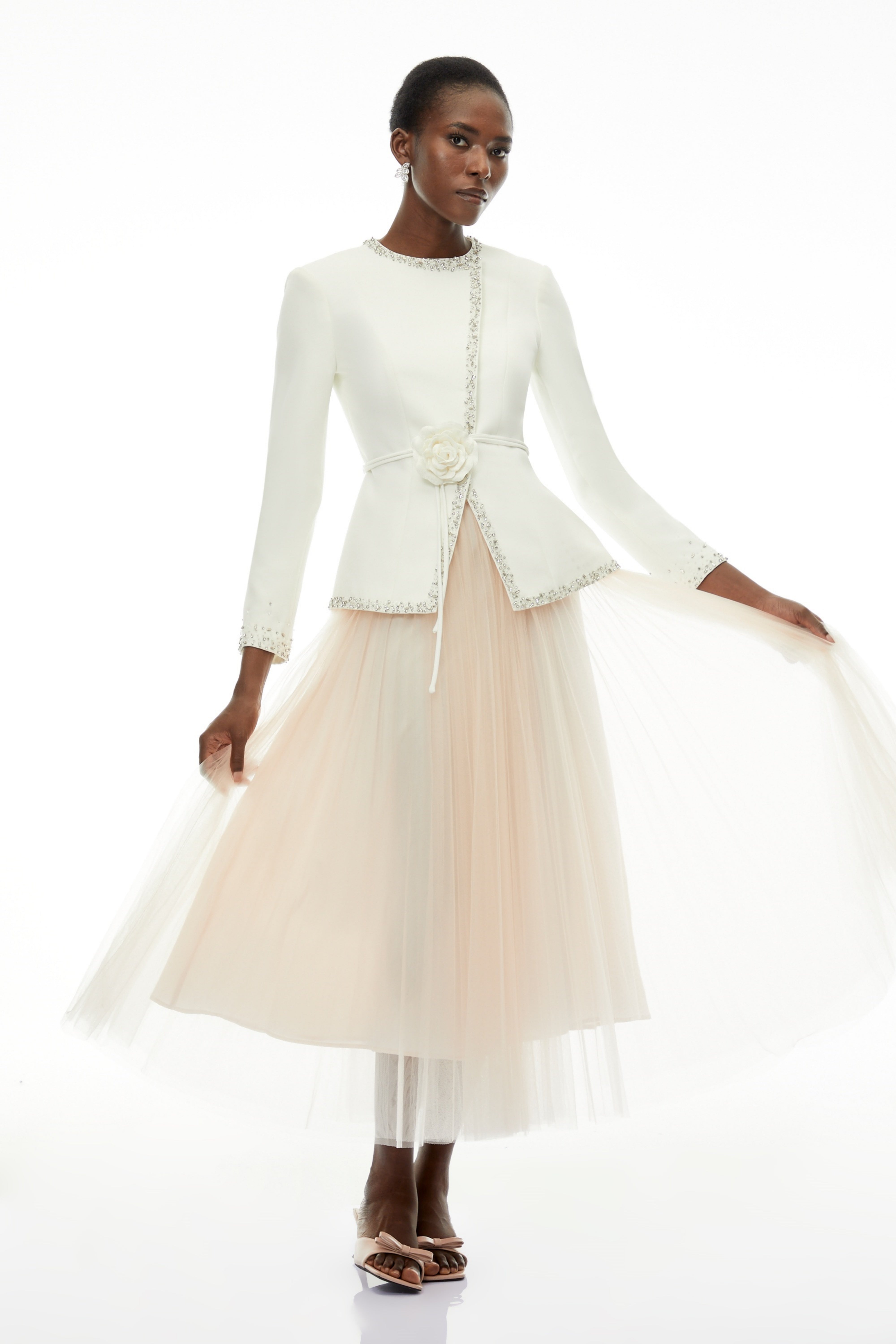Olivia White Embellished Tulle Top & Pleated Skirt Set (Final Sale-US Only)