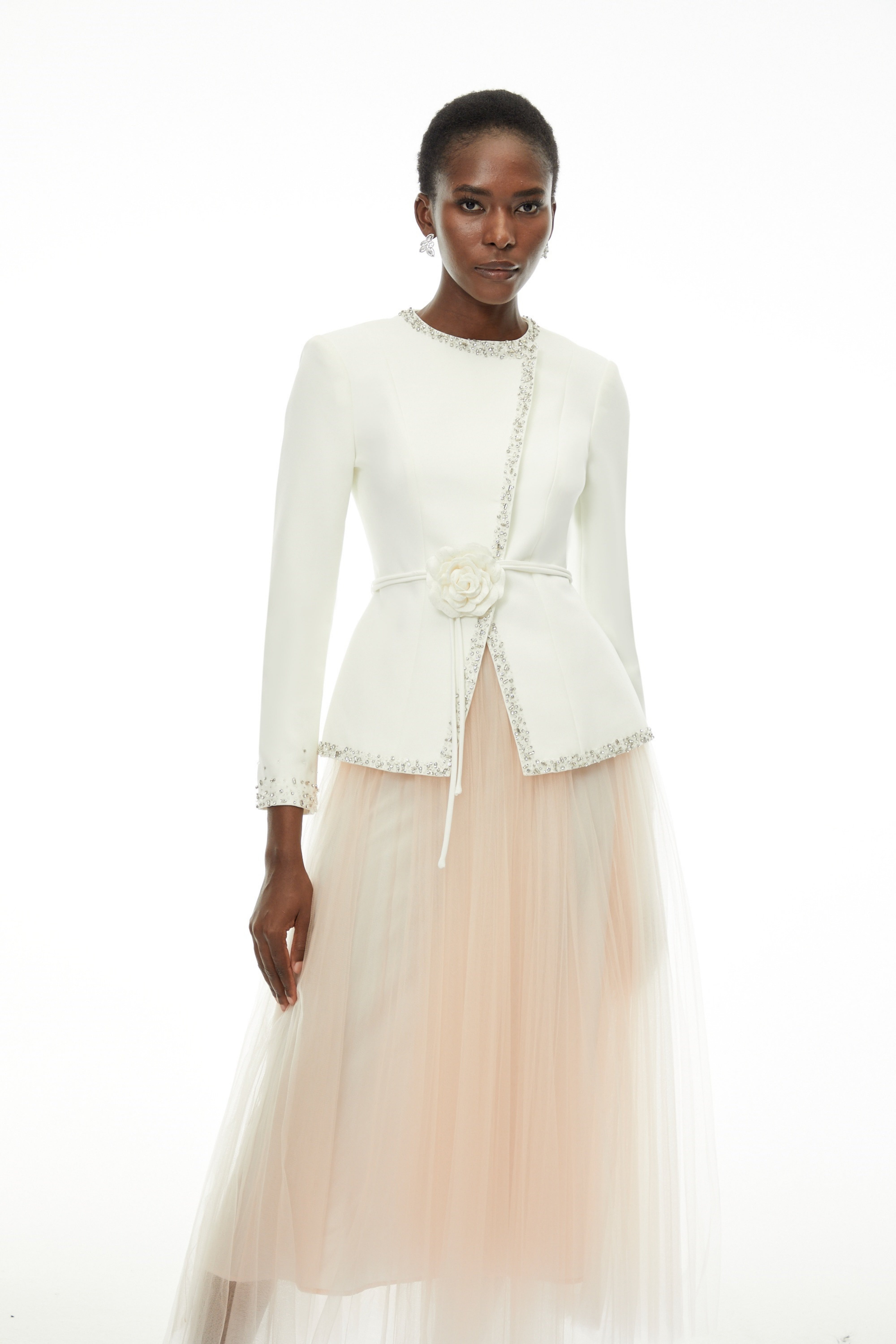 Olivia White Embellished Tulle Top & Pleated Skirt Set (Final Sale-US Only)
