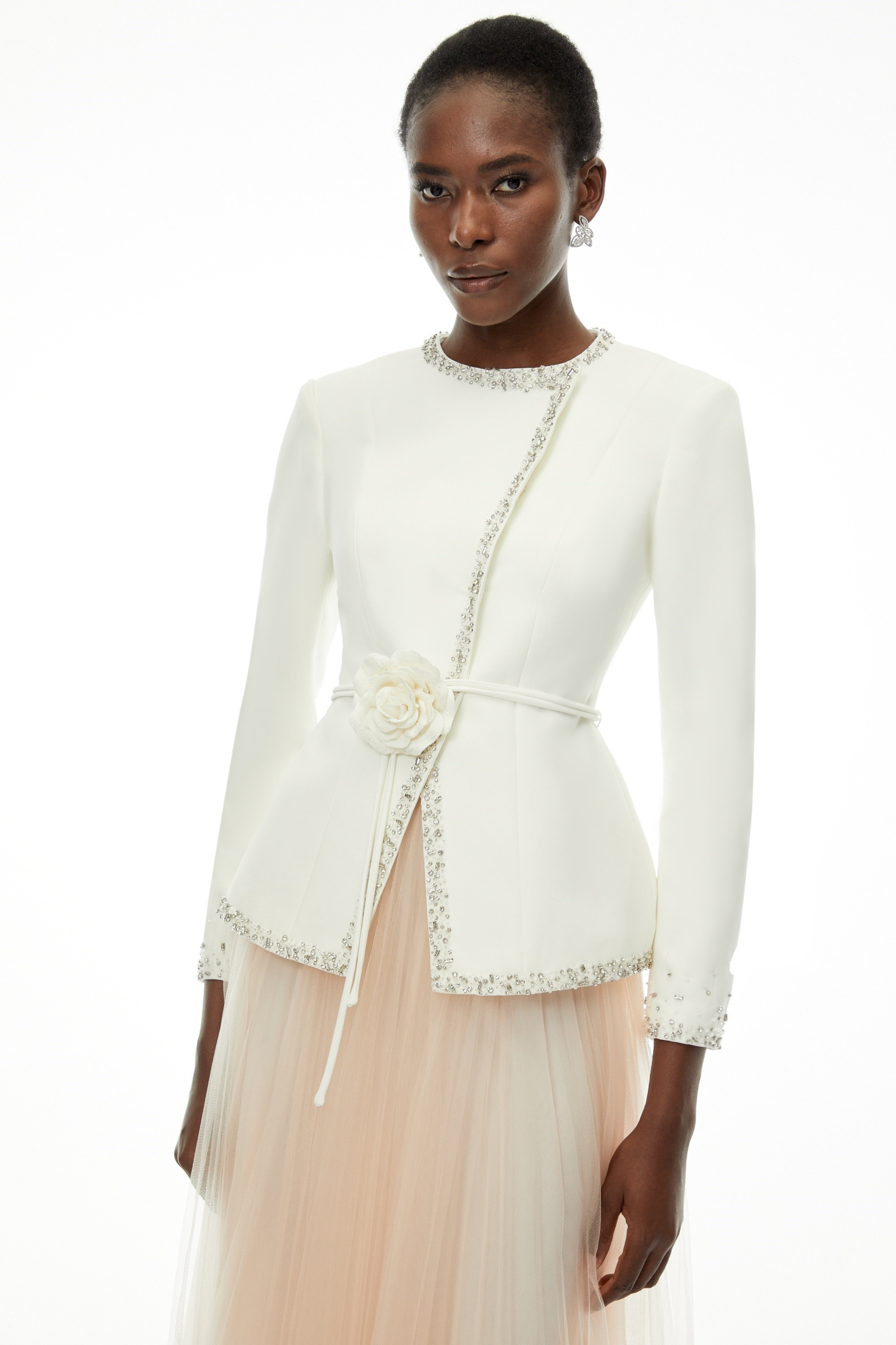 Olivia White Embellished Tulle Top & Pleated Skirt Set (Final Sale-US Only)
