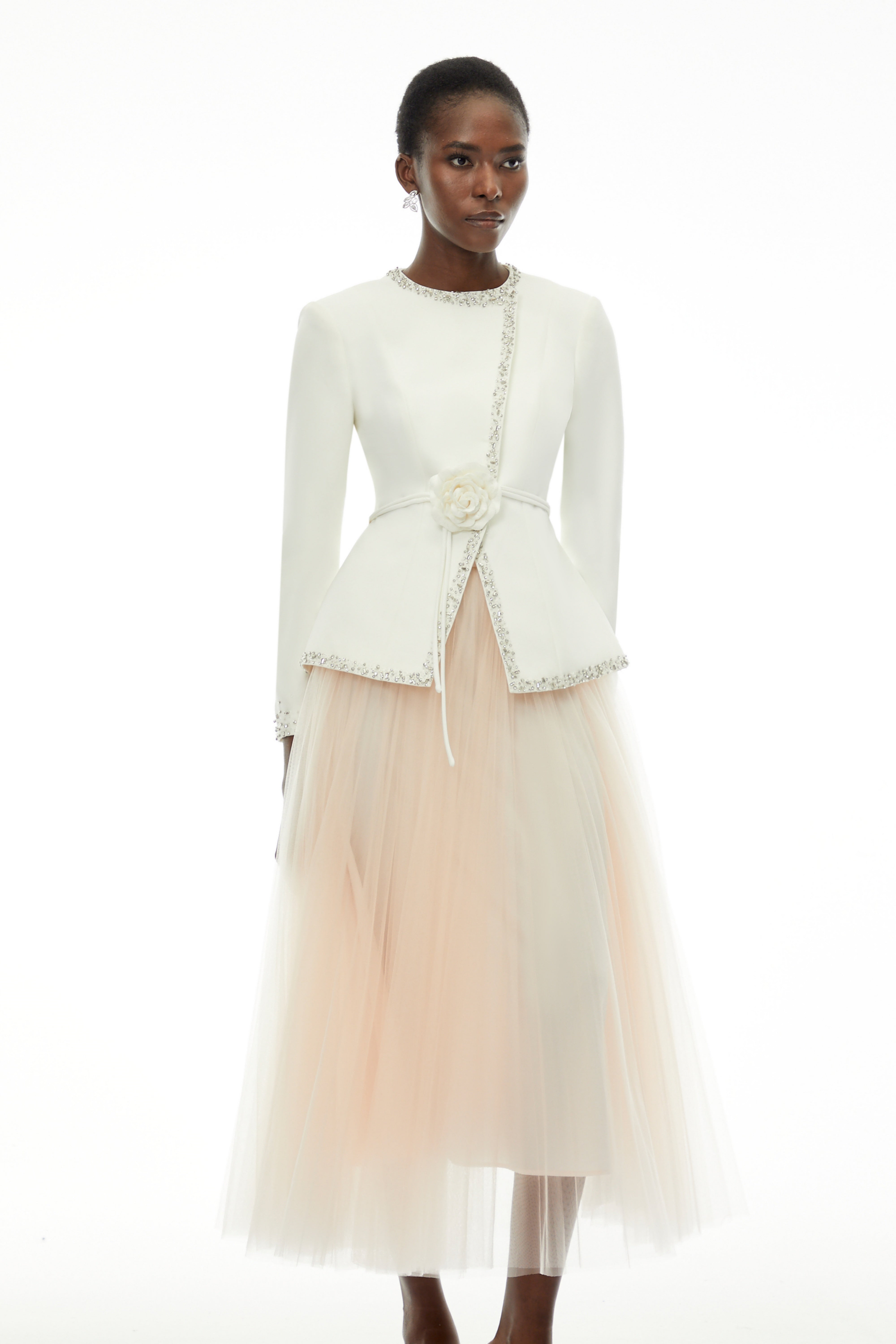 Olivia White Embellished Tulle Top & Pleated Skirt Set (Final Sale-US Only)