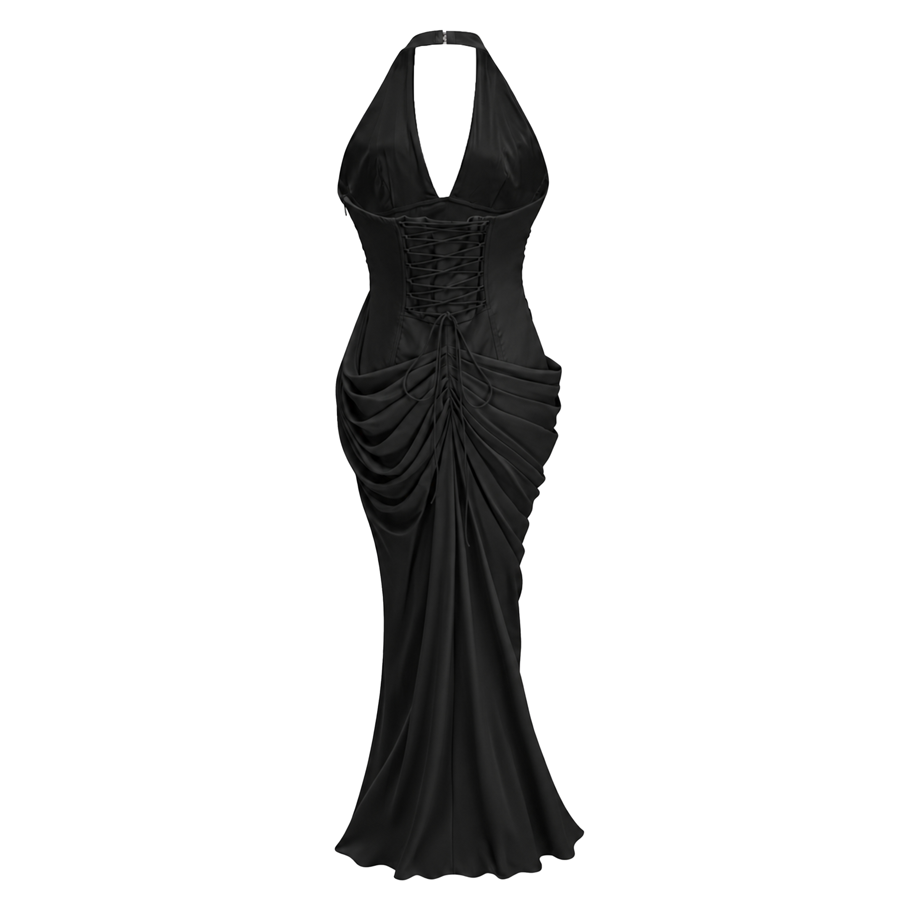 Ombeline Black Halterneck Ruched Maxi Dress with Slit