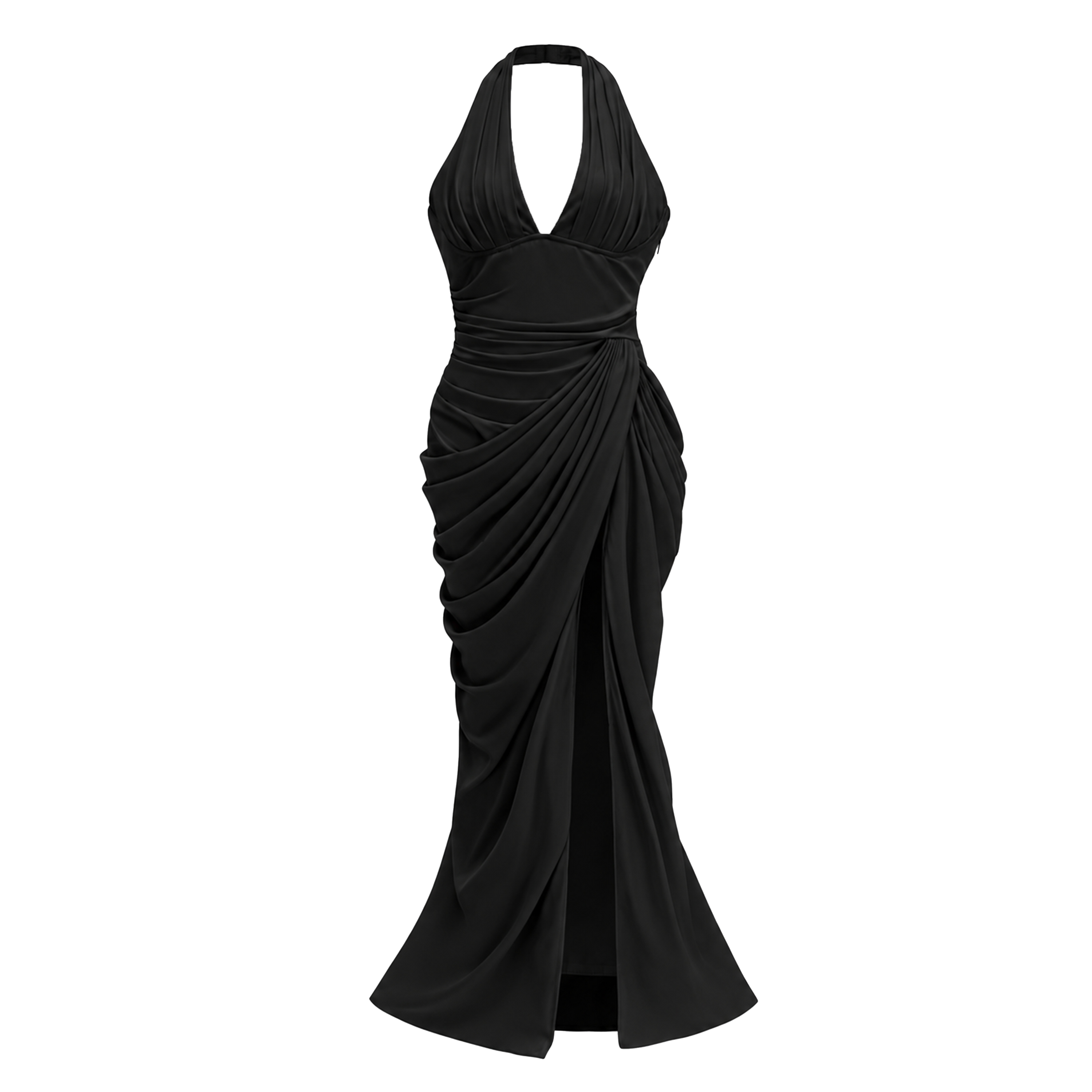 Ombeline Black Halterneck Ruched Maxi Dress with Slit