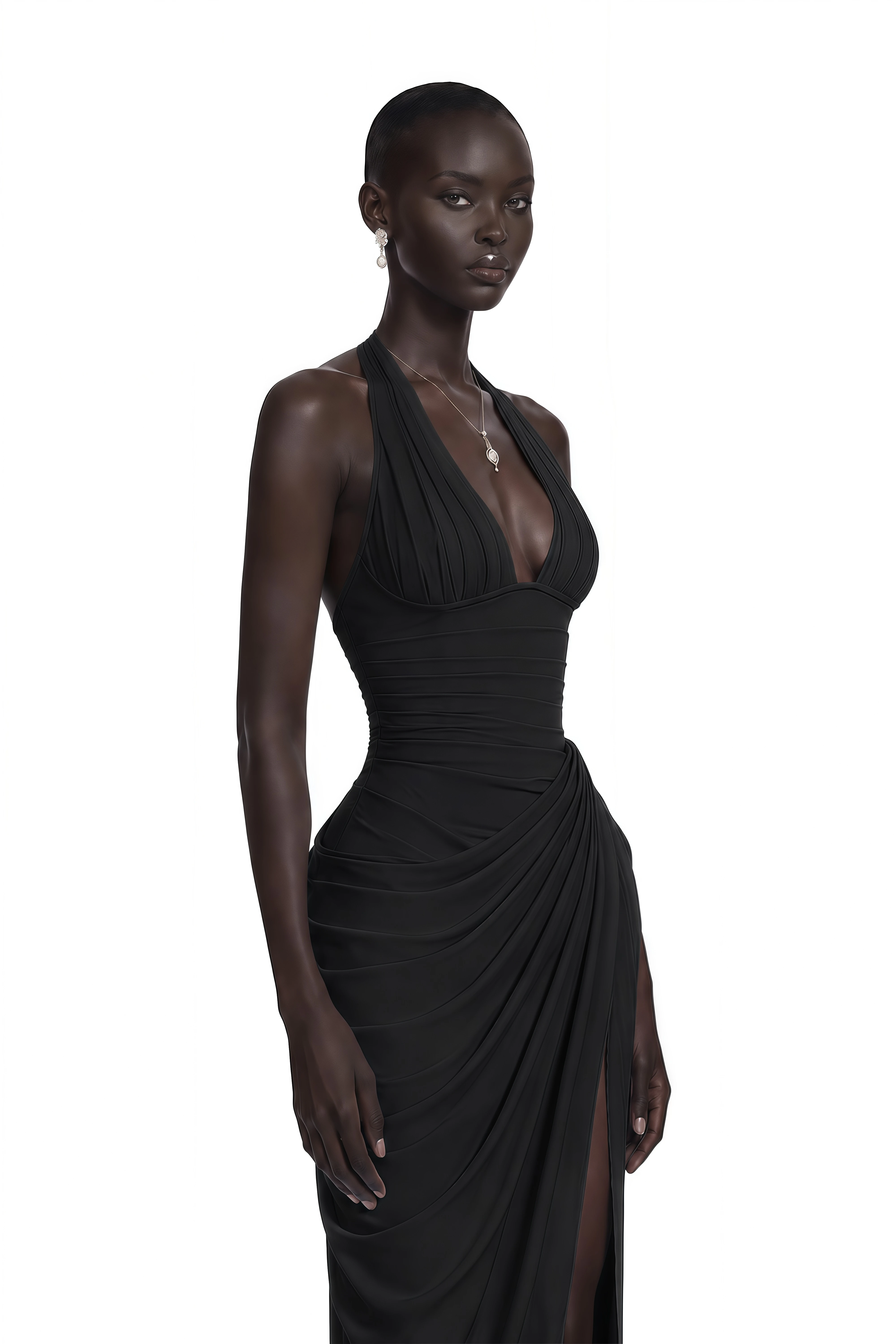 Ombeline Black Halterneck Ruched Maxi Dress with Slit