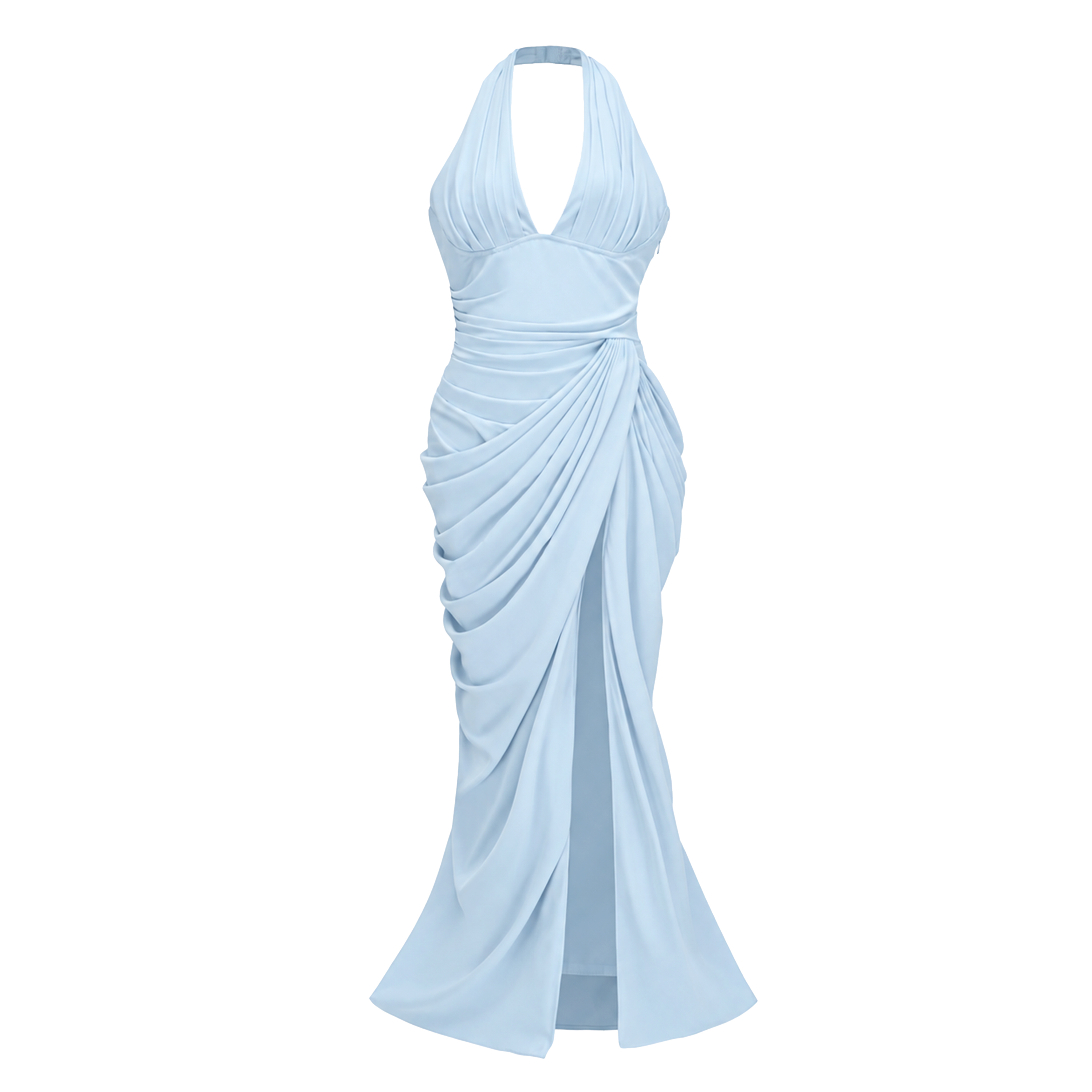 Ombeline Blue Halterneck Ruched Maxi Dress with Slit