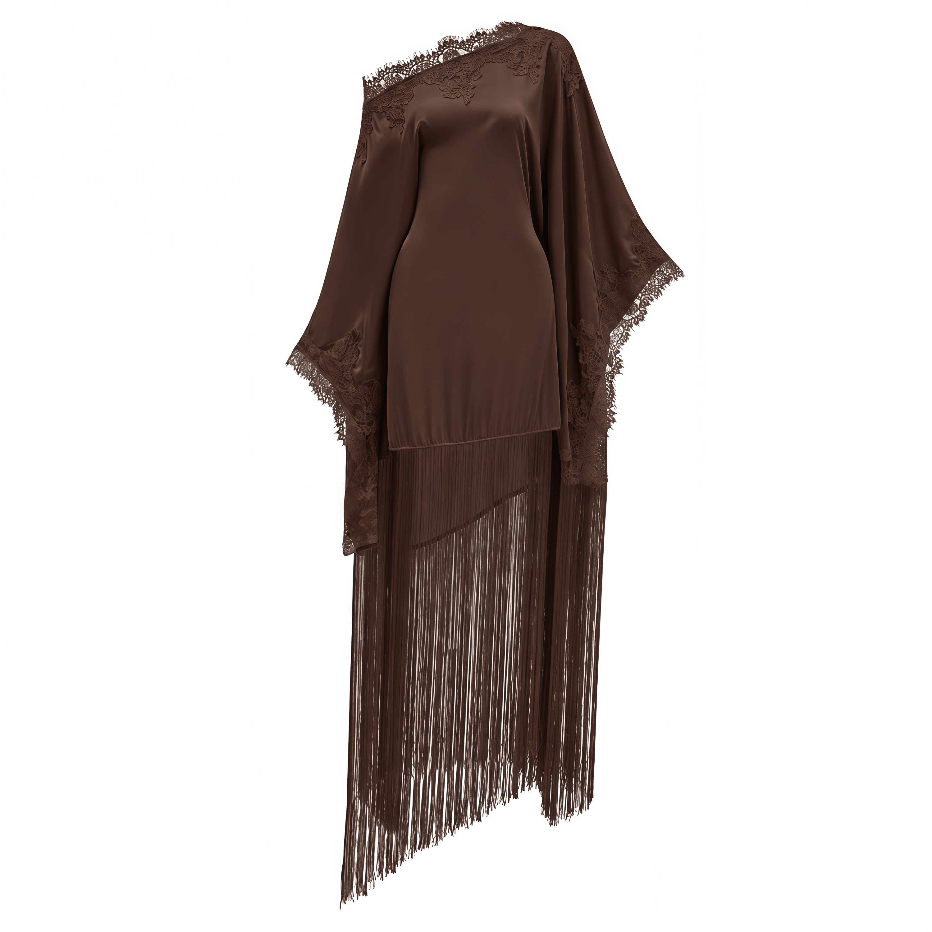 Ombeline Brown Asymmetrical Maxi Dress with Fringe
