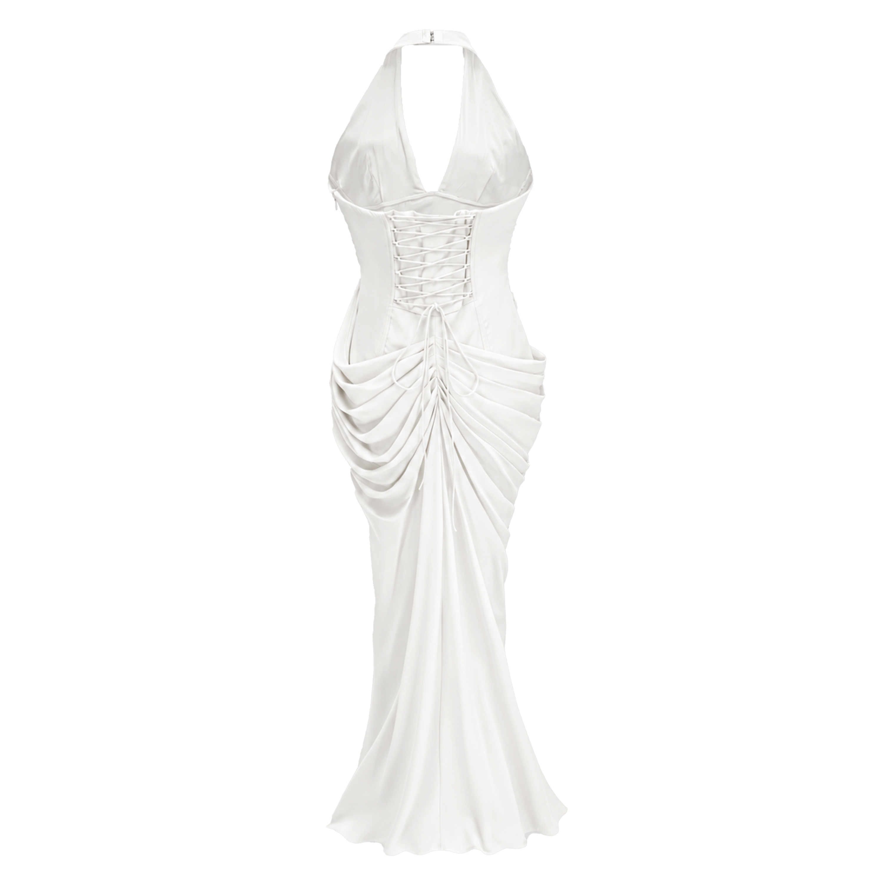 Ombeline White Halterneck Ruched Maxi Dress with Slit
