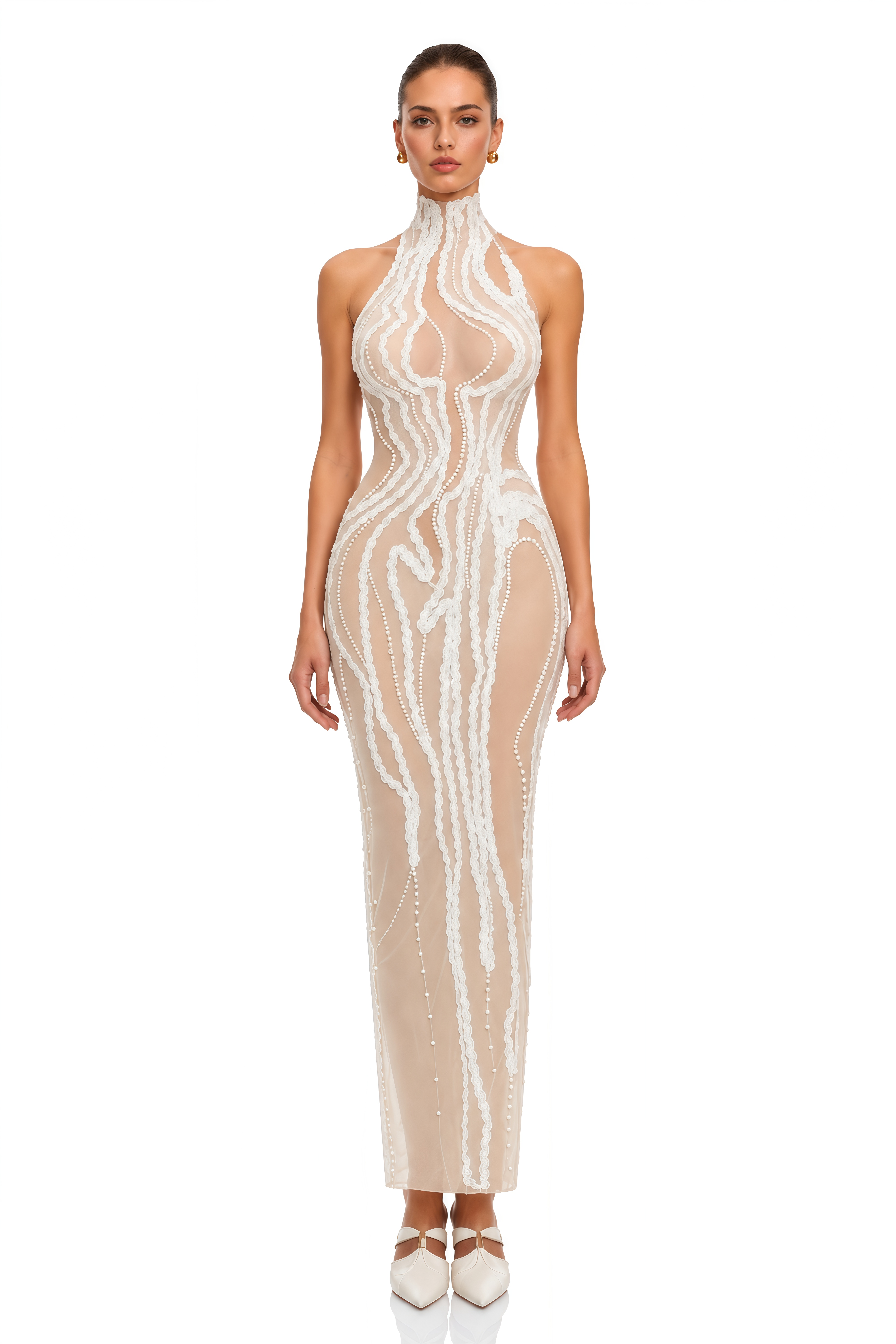 Ondine Nude & Ivory Pearl Embellished Halterneck Maxi Dress
