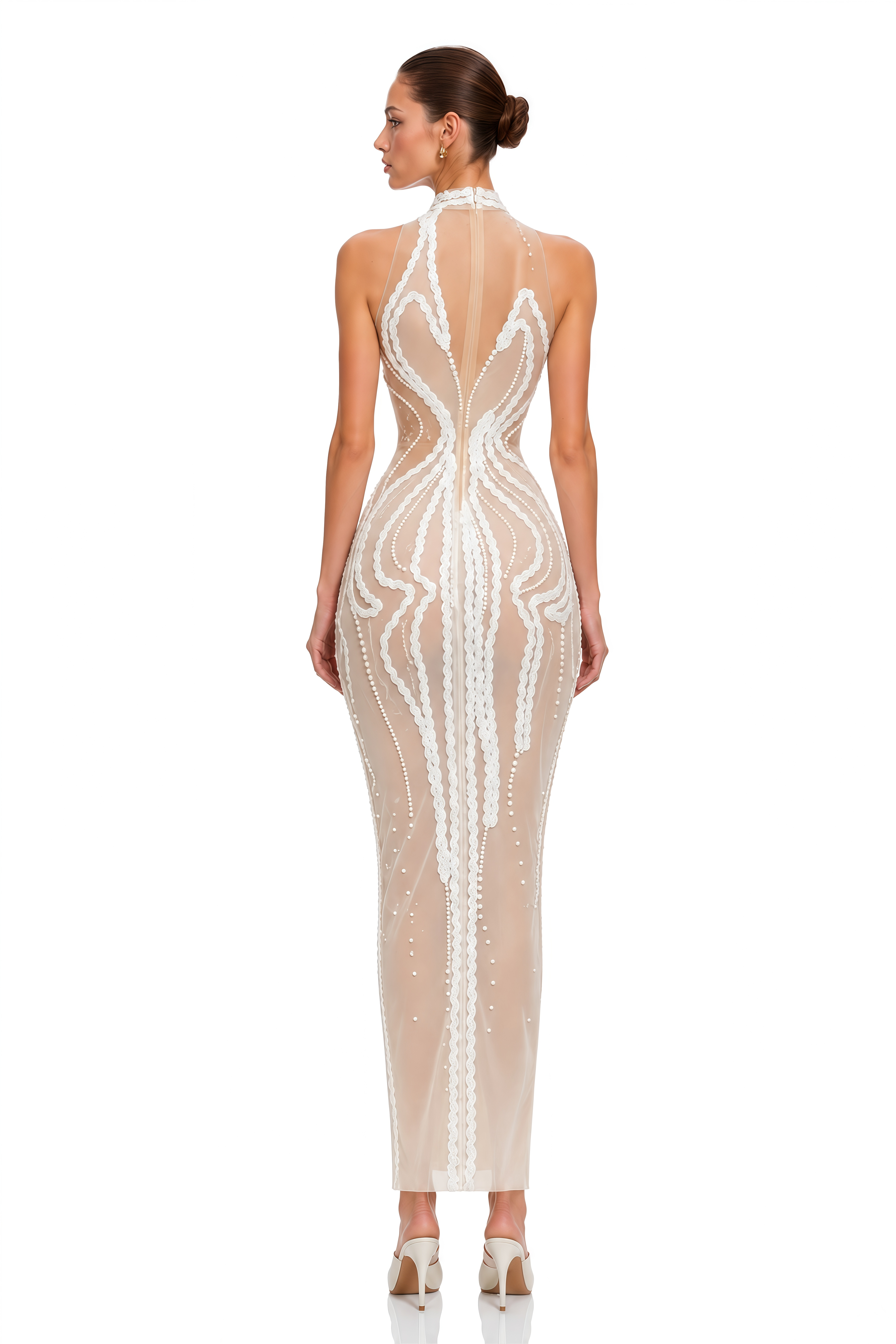 Ondine Nude & Ivory Pearl Embellished Halterneck Maxi Dress