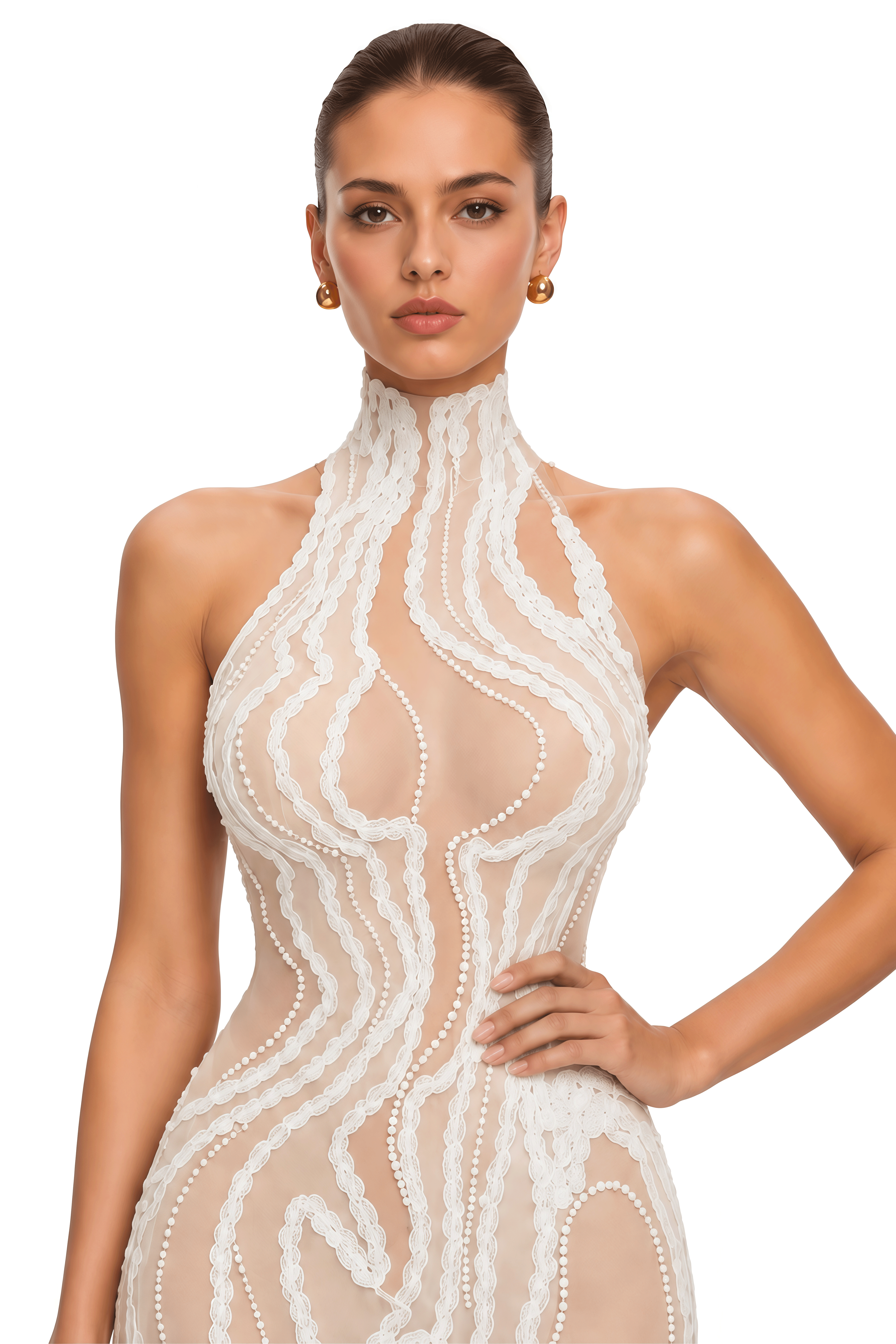 Ondine Nude & Ivory Pearl Embellished Halterneck Maxi Dress