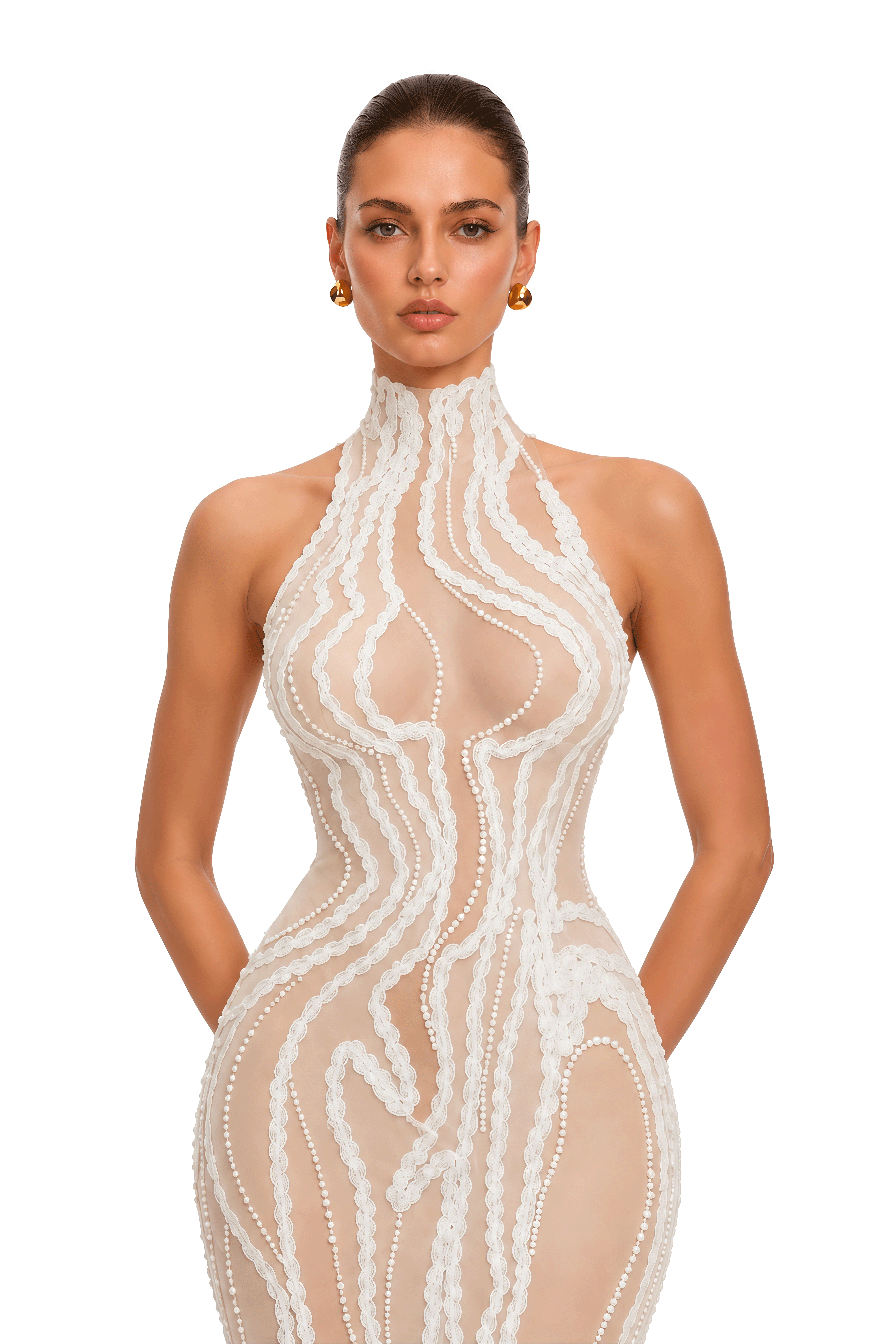 Ondine Nude & Ivory Pearl Embellished Halterneck Maxi Dress