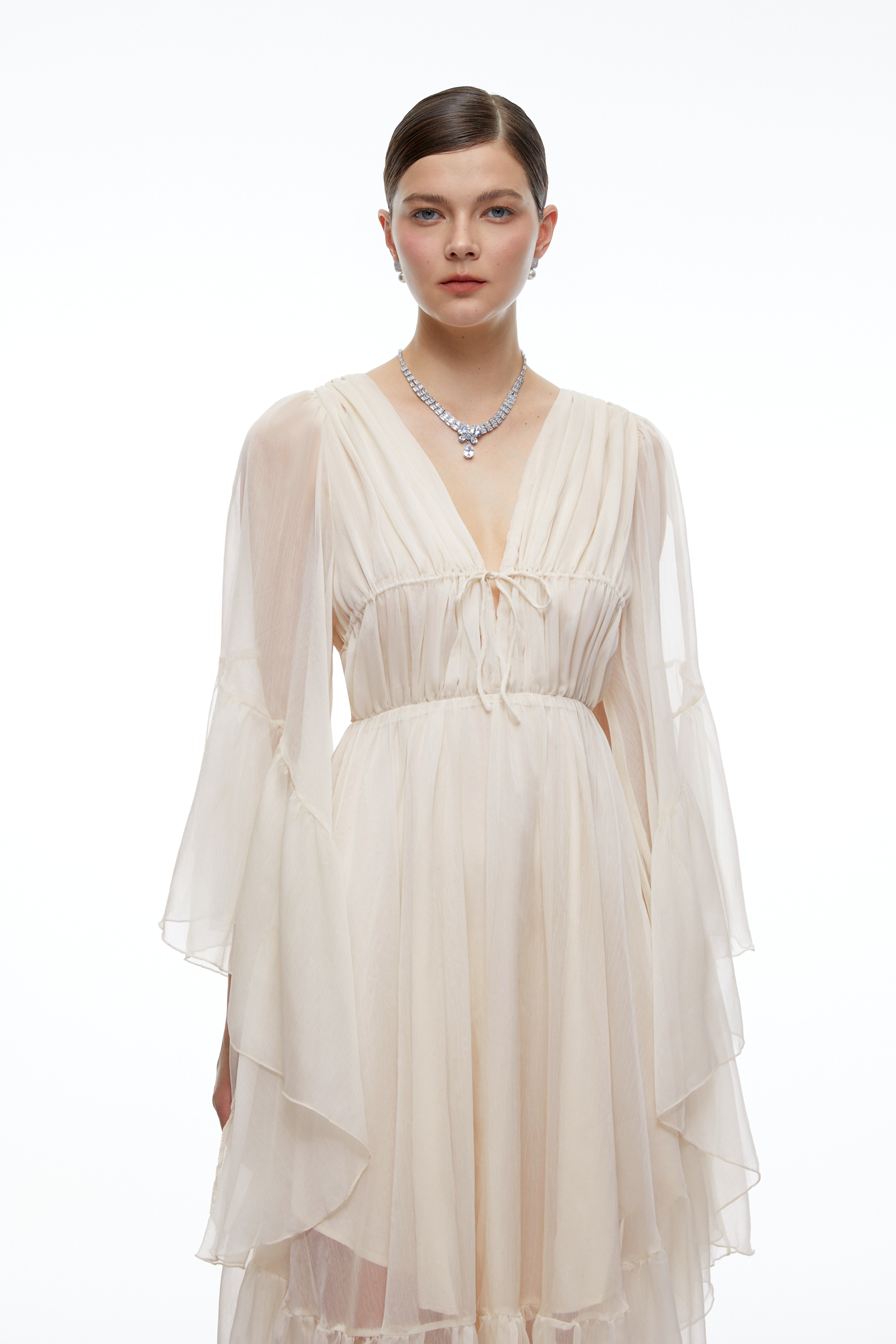 Ondine Neutral Plunging Long Sleeve Tiered Midi Dress