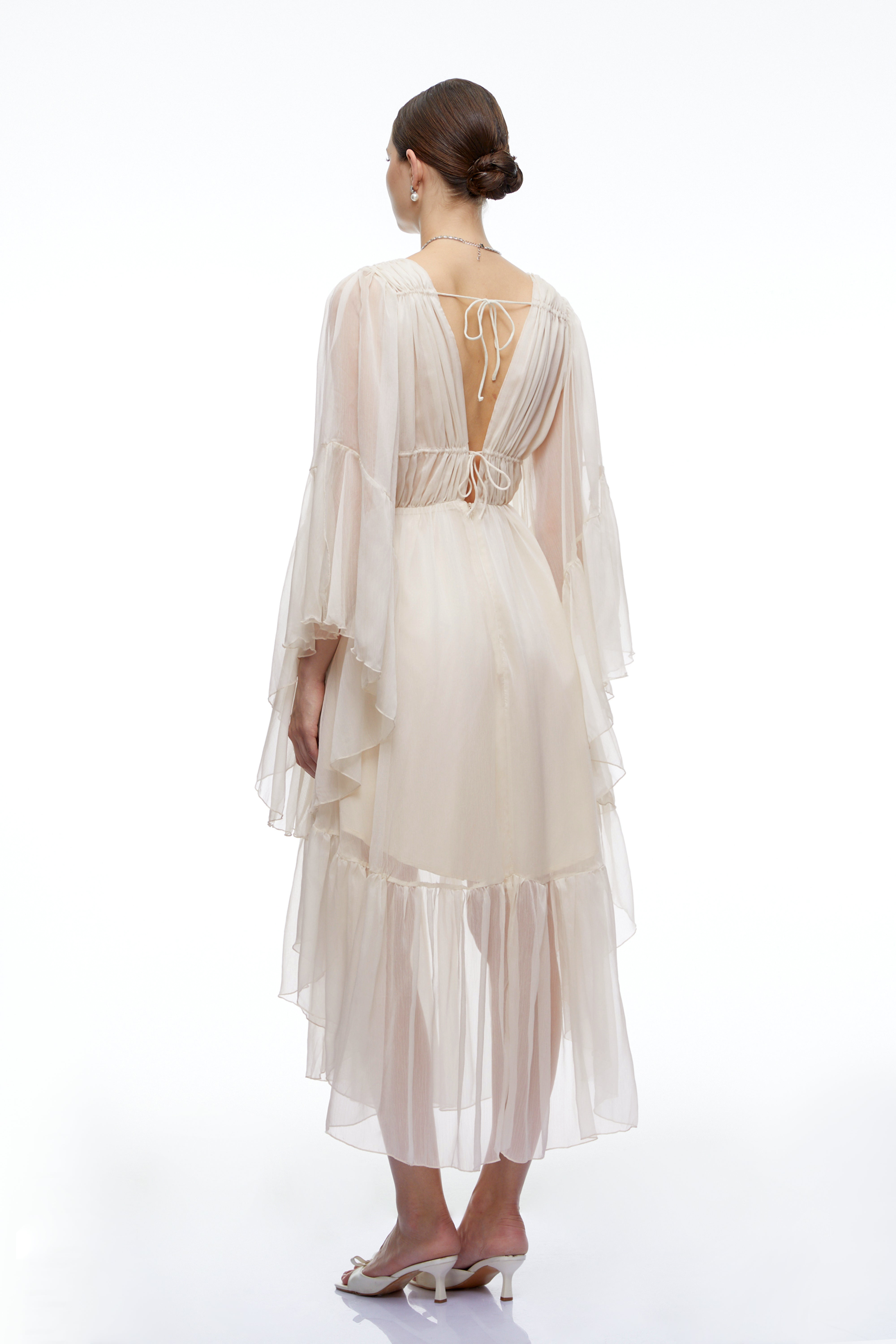 Ondine Neutral Plunging Long Sleeve Tiered Midi Dress