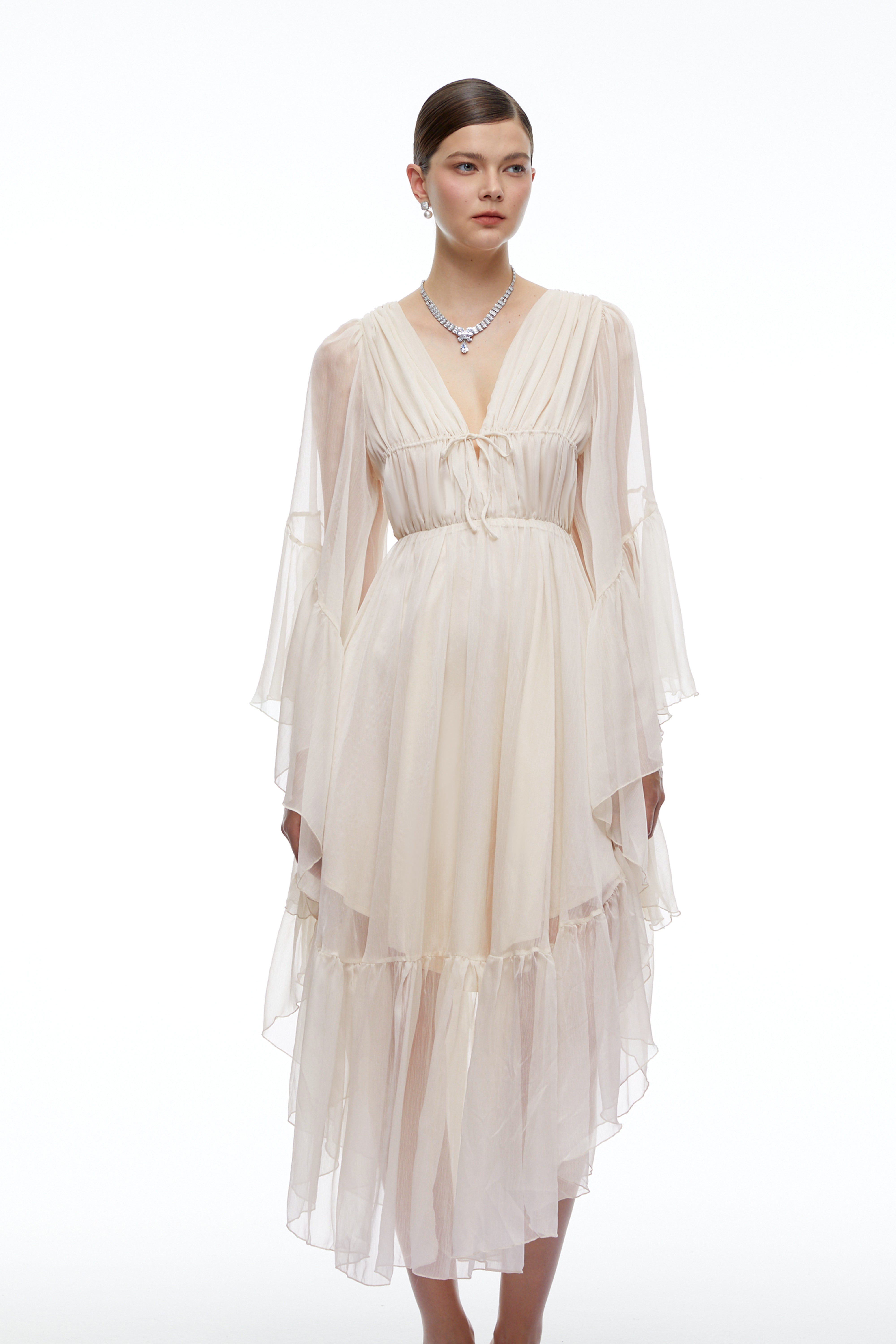 Ondine Neutral Plunging Long Sleeve Tiered Midi Dress