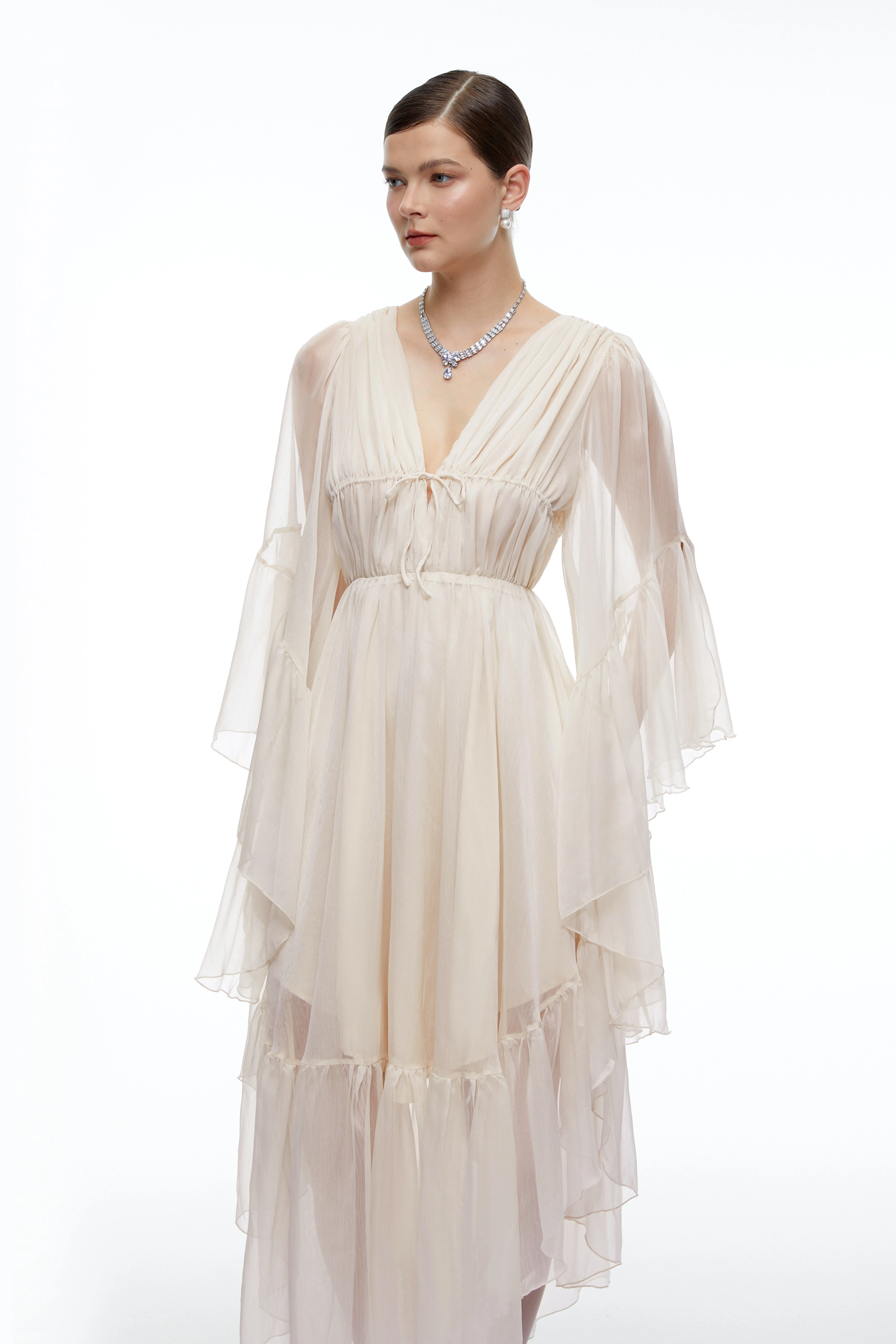 Ondine Neutral Plunging Long Sleeve Tiered Midi Dress