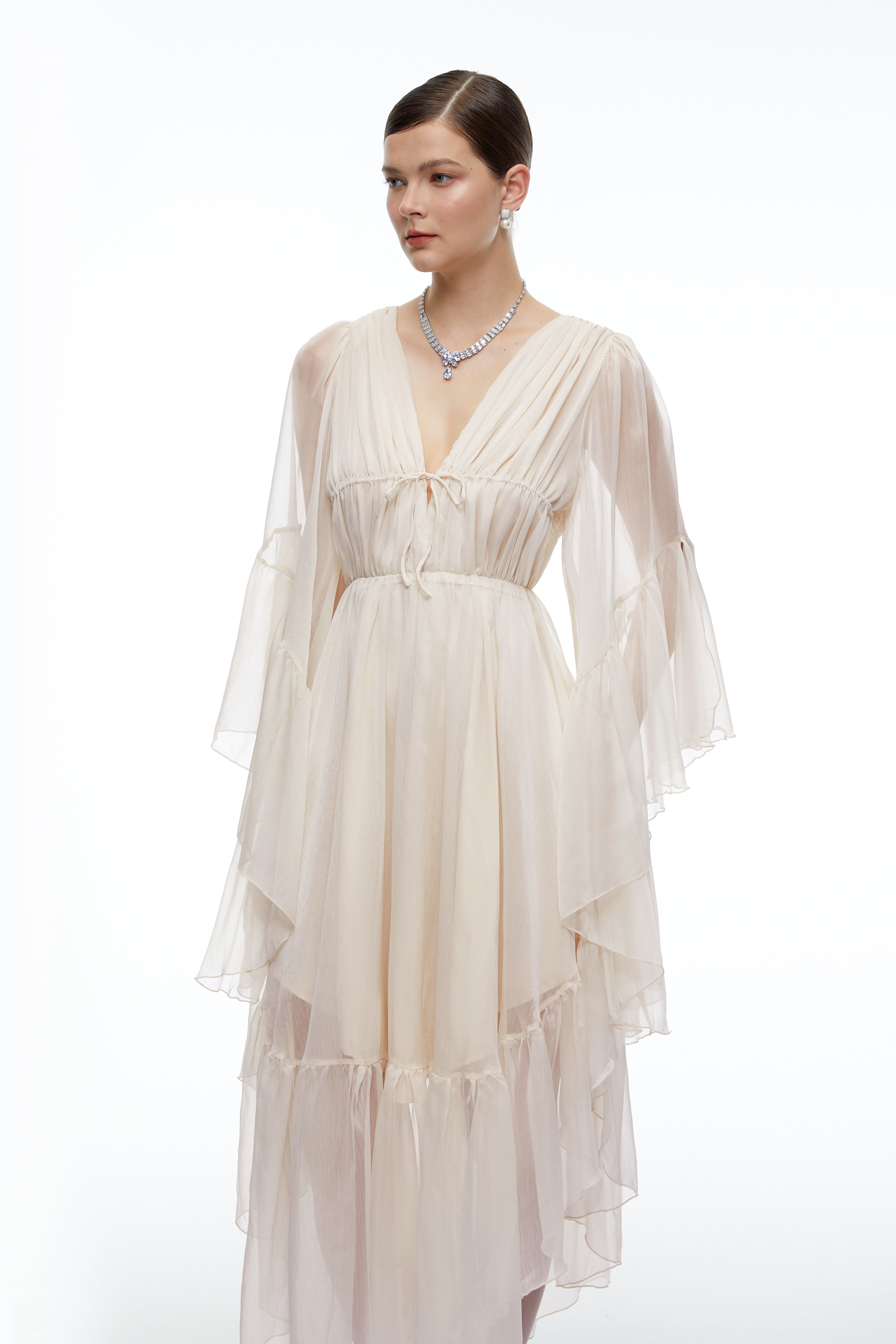 Ondine Neutral Plunging Long Sleeve Tiered Midi Dress