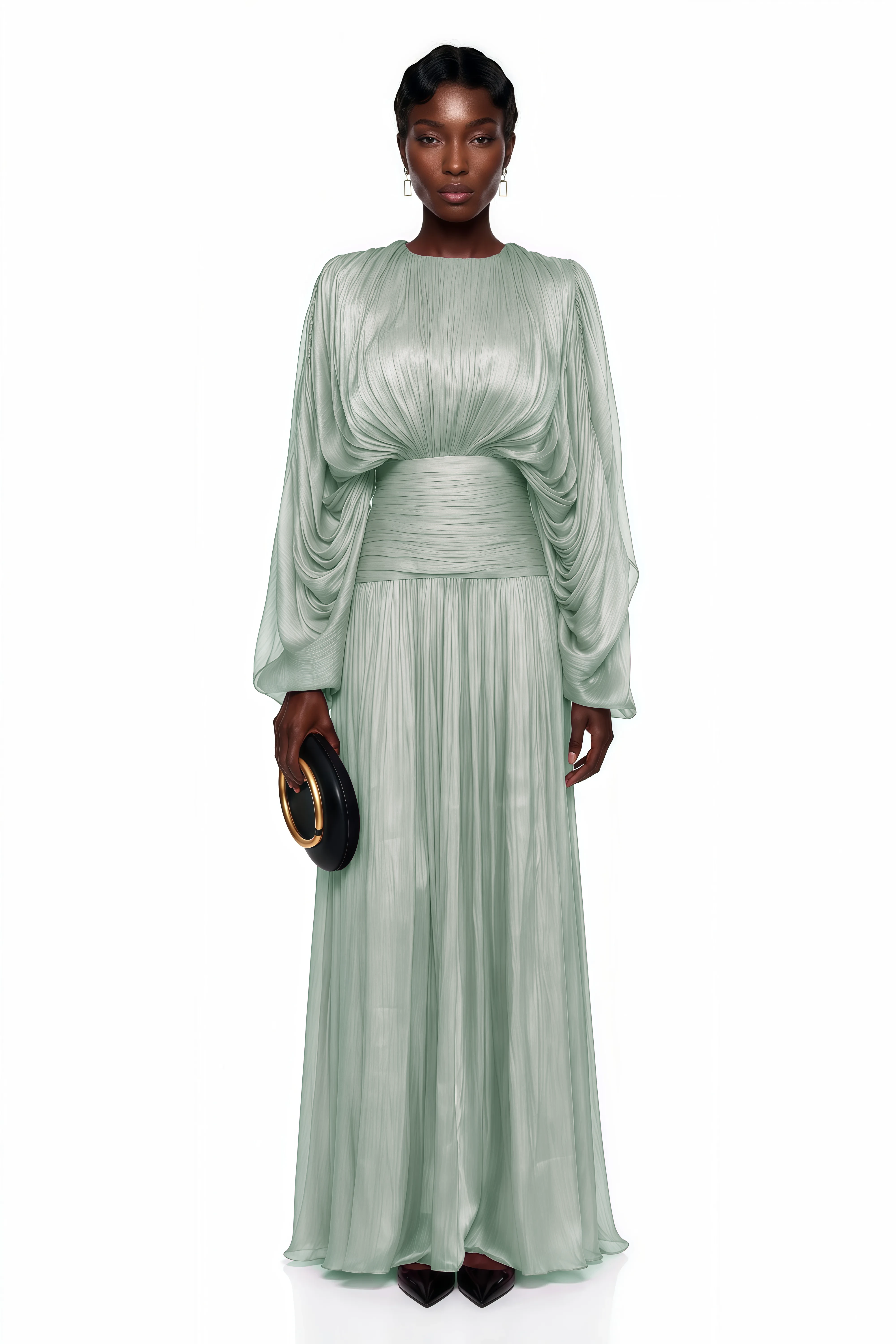 Ophelia Green Pleated Glossy Maxi Dress