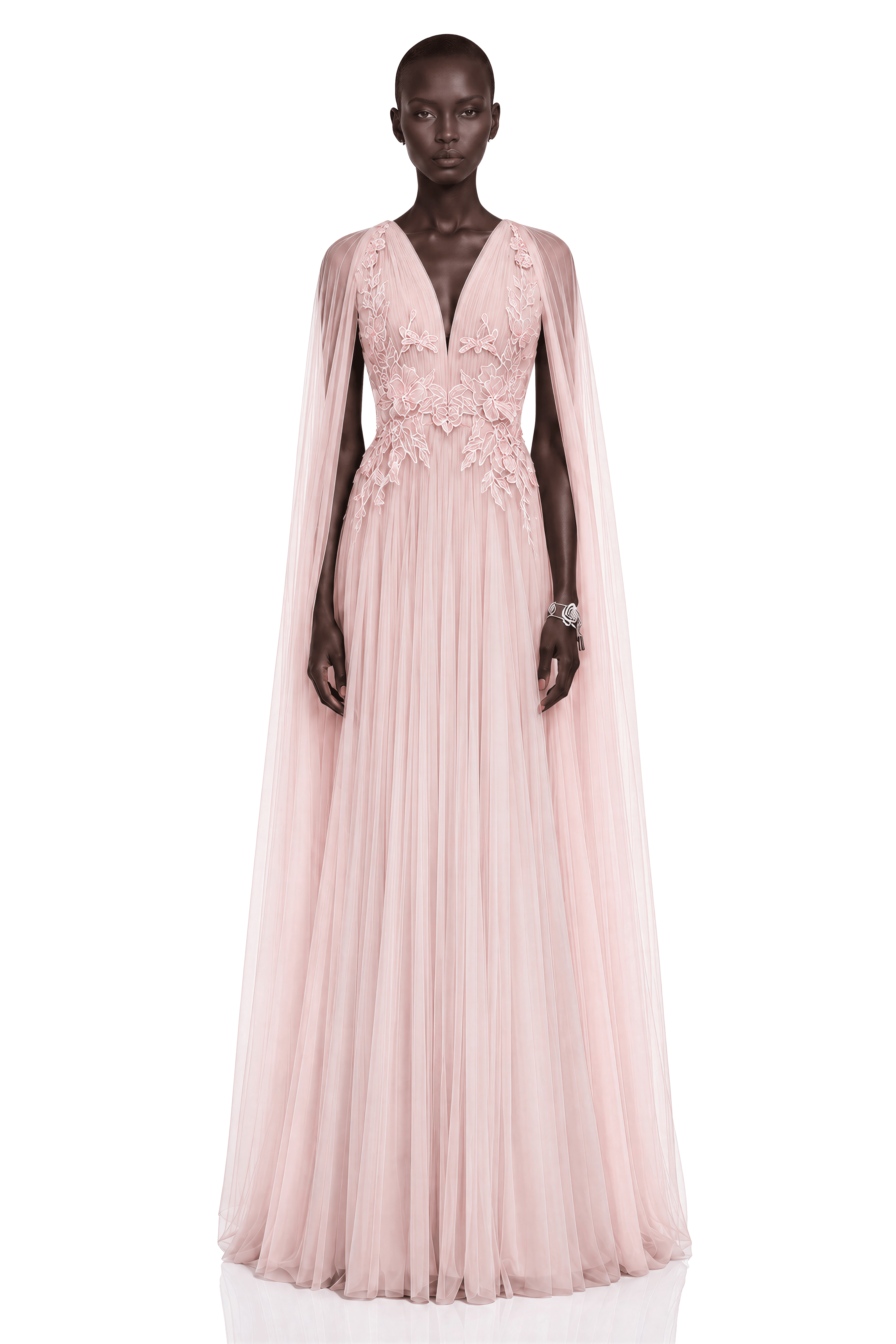 Ophelia Pink Mesh Ruched Maxi Dress with Cape
