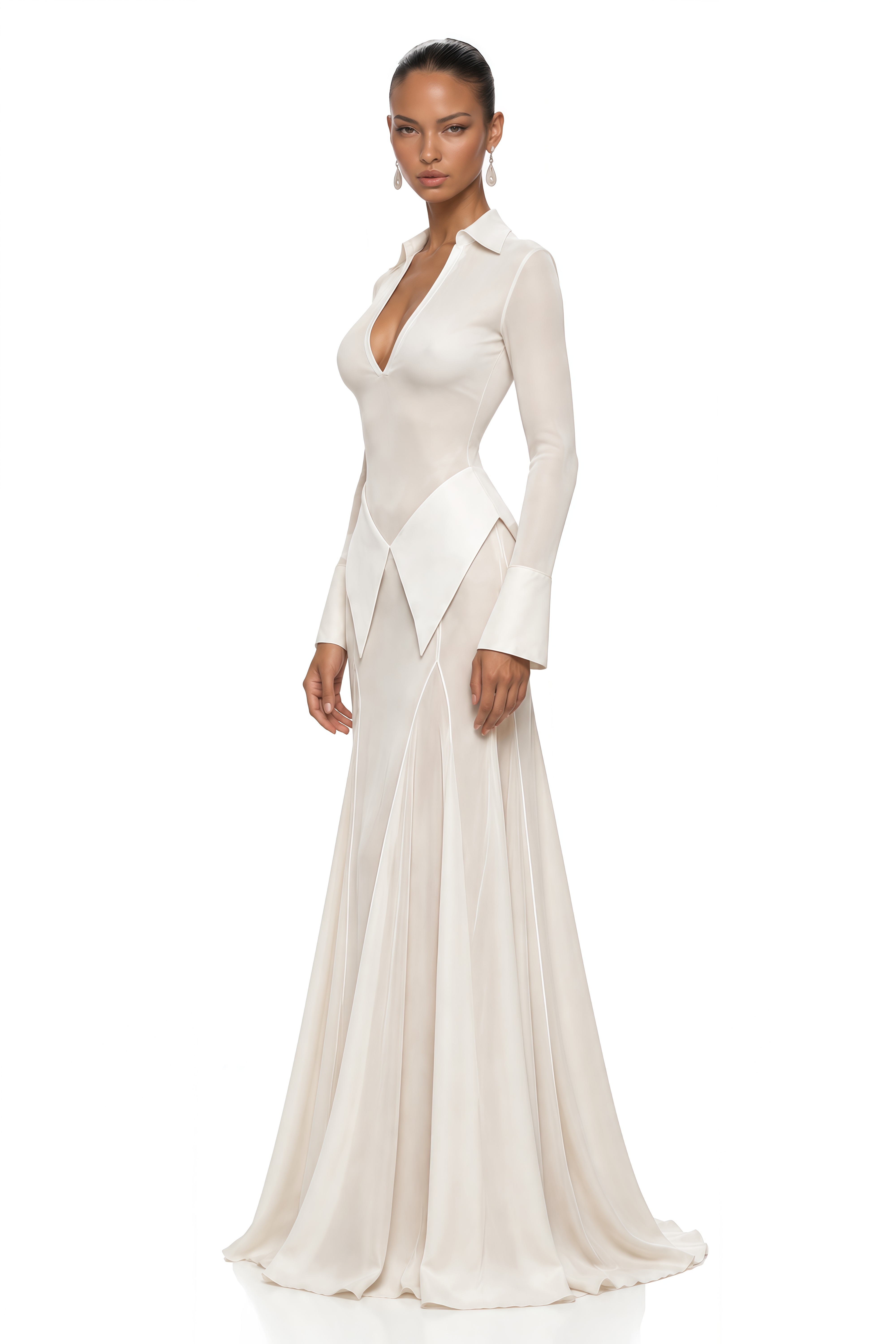 Ophelia White Plunge Neck Bodysuit & Sheer Maxi Skirt Set