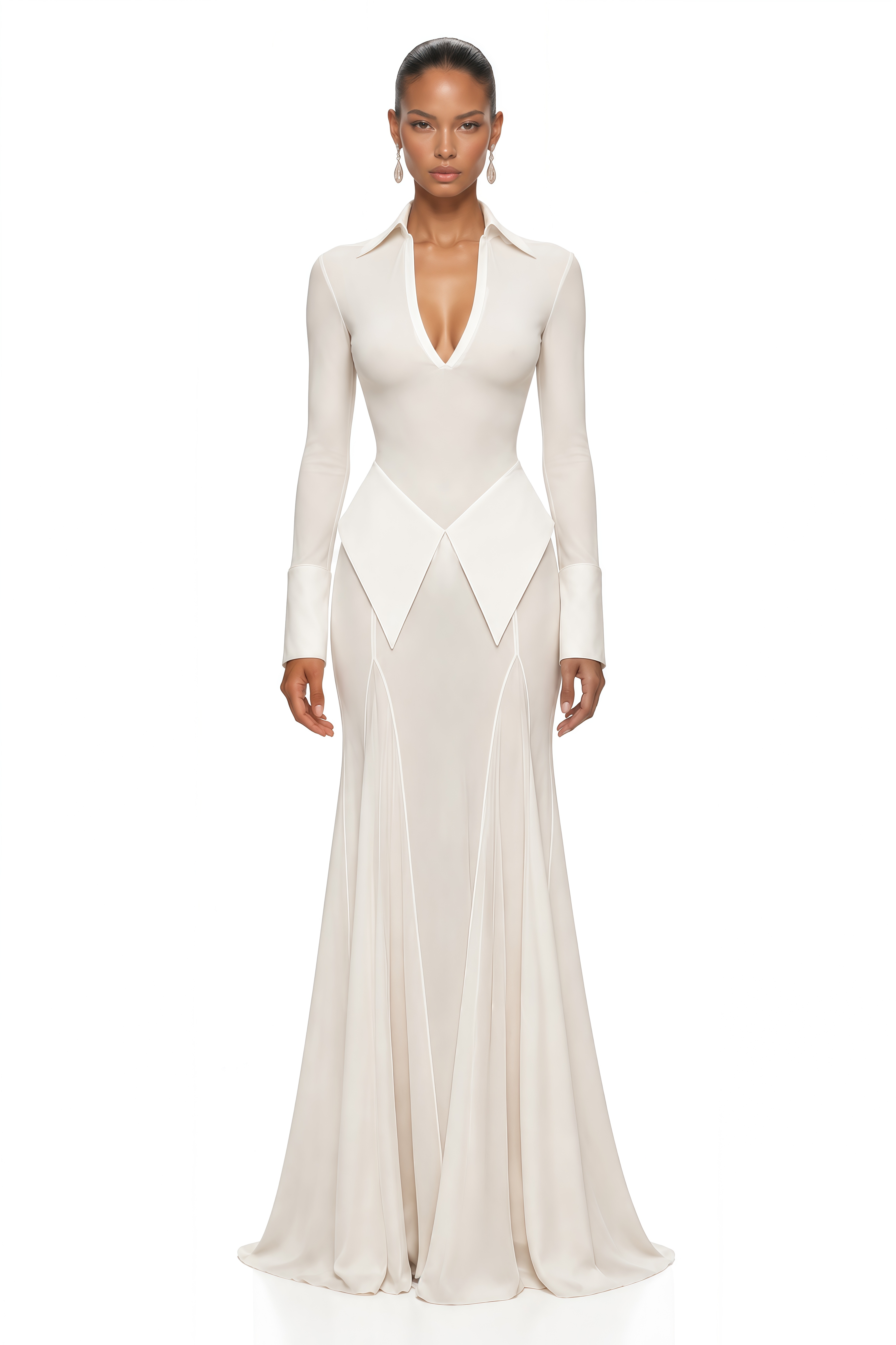 Ophelia White Plunge Neck Bodysuit & Sheer Maxi Skirt Set